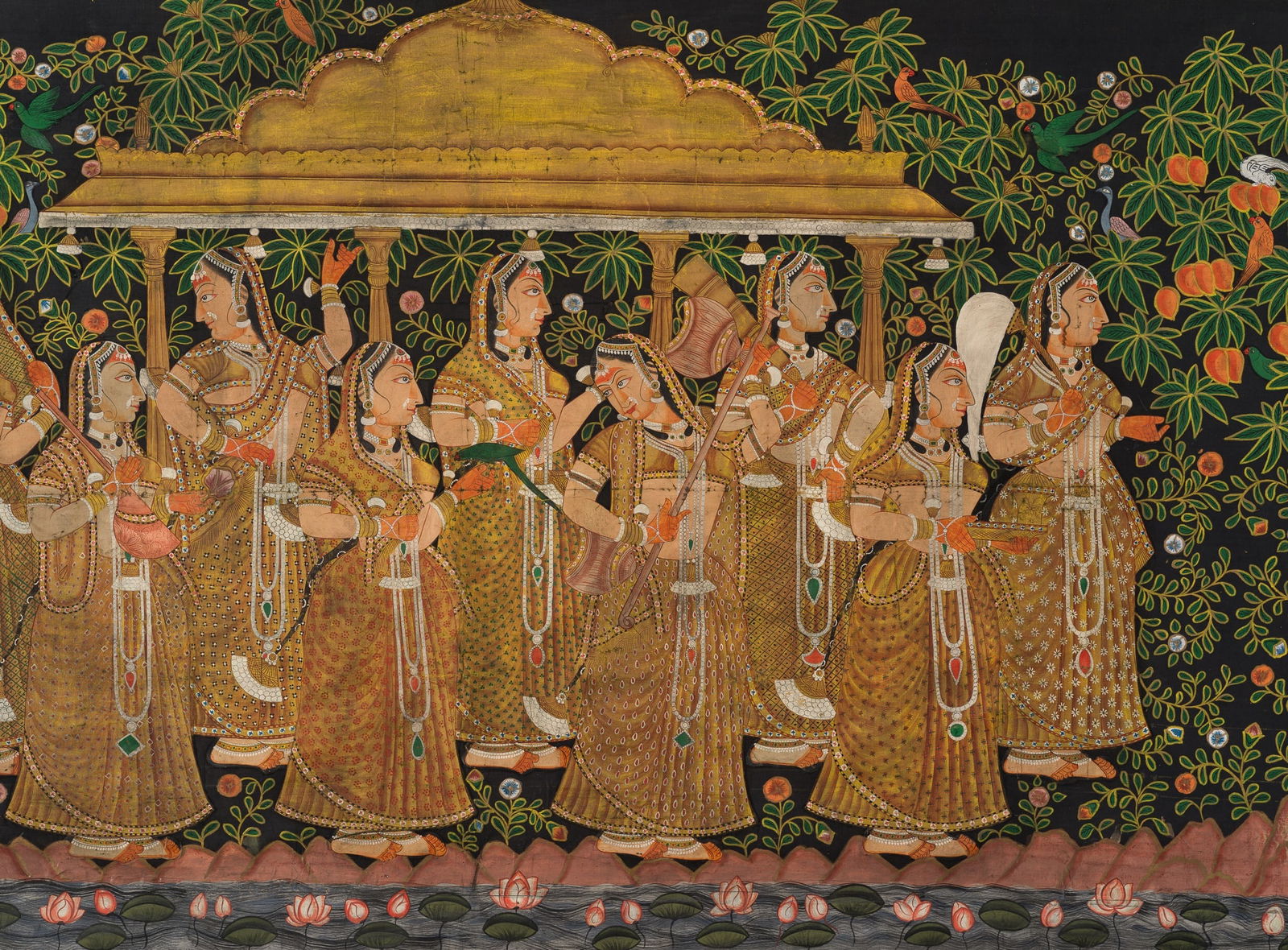 A MAGNIFICENT AND LARGE VRIKSHCHARI PICCHVAI DEPICTING GOPIS IN A GROOVE, DECCAN STYLE, GOLCONDA, (1 of 14)