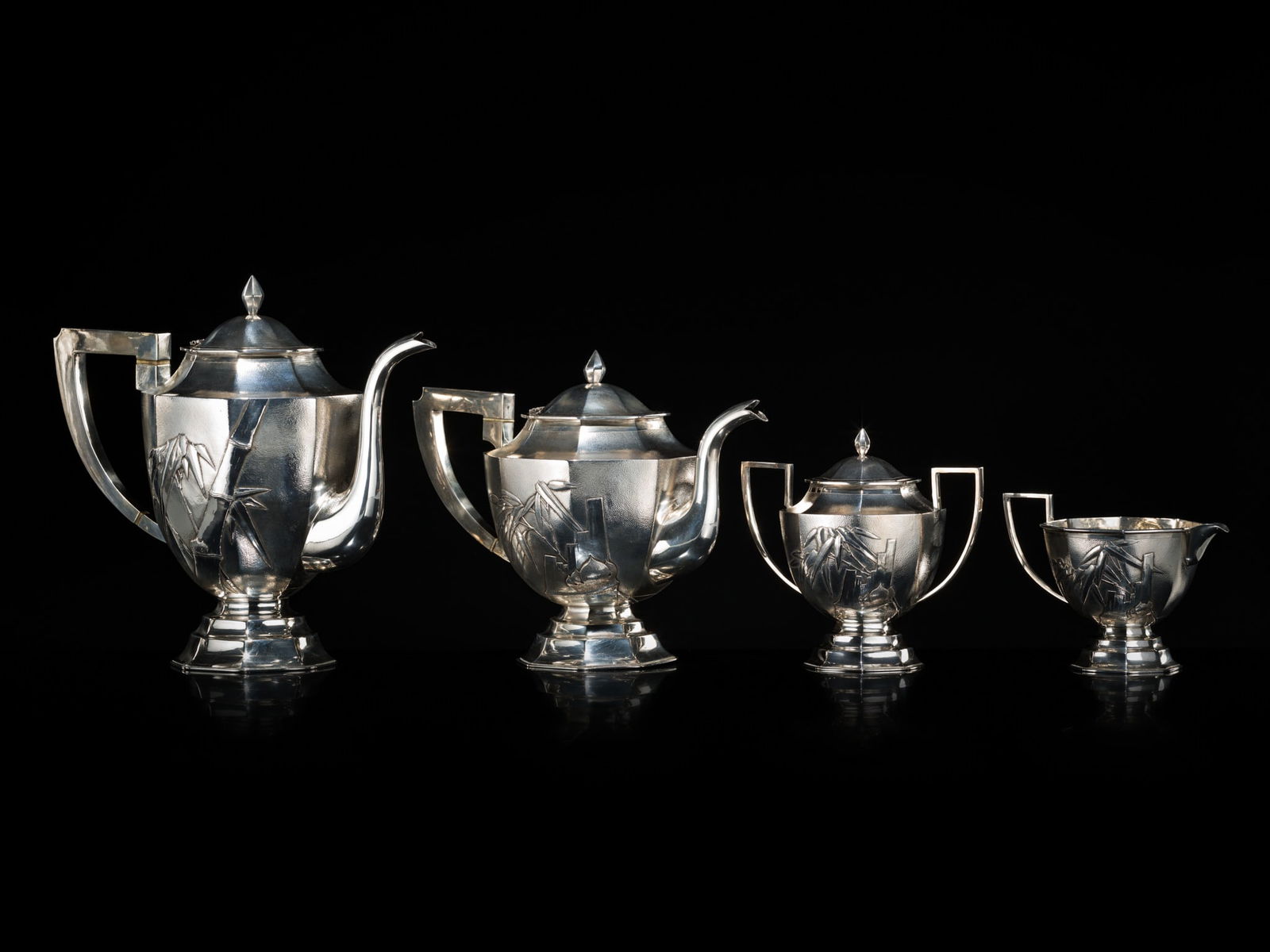 A FOUR-PIECE SILVER 'BAMBOO' TEA AND COFFEE SERVICE, MARK OF ZEE WO, SHANGHAI, CIRCA 1870-1925 (1 of 16)