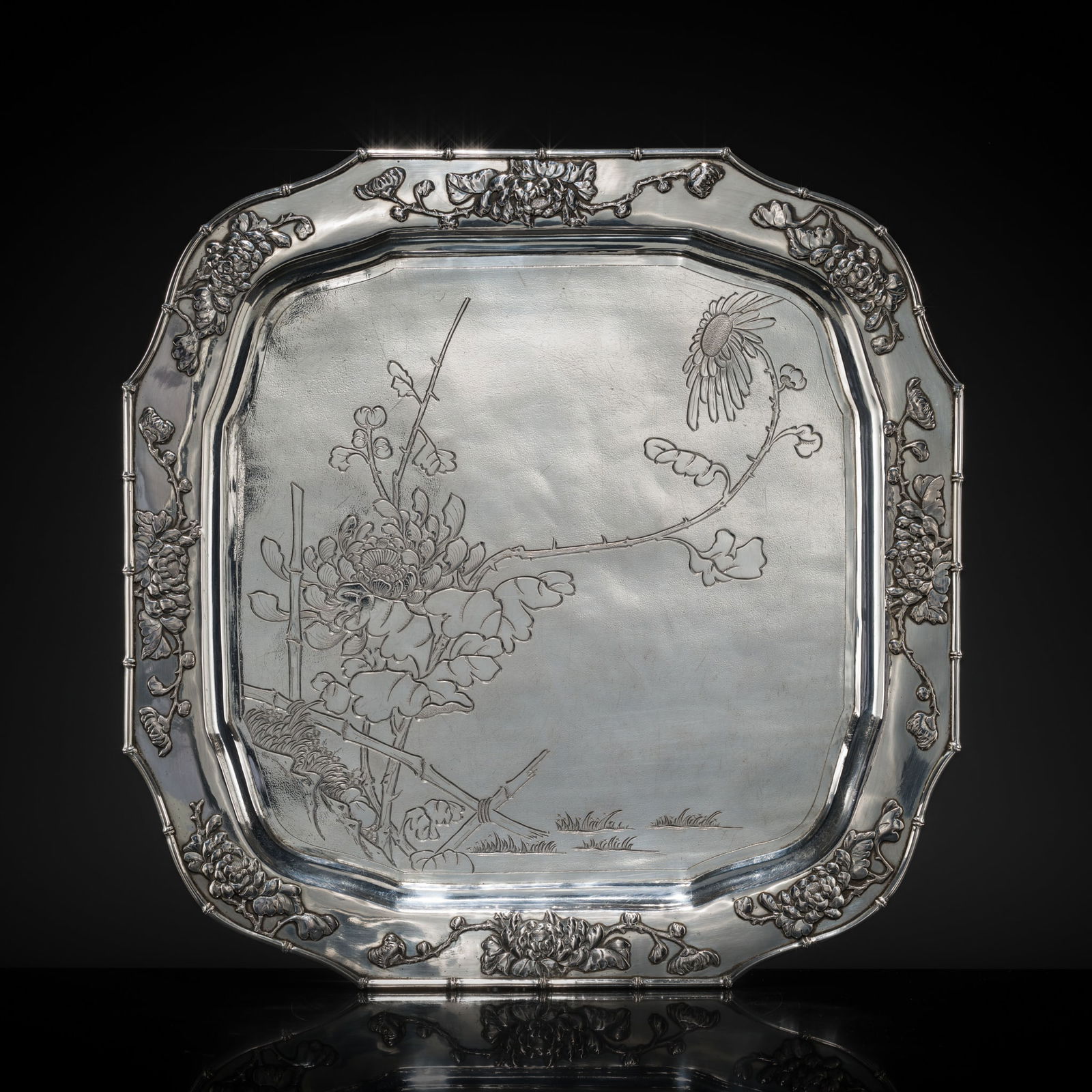 A CHINESE EXPORT SILVER 'CHRYSANTHEMUM' TRAY, MARK OF LUEN WO, SHANGHAI, CIRCA 1880-1925 (1 of 13)