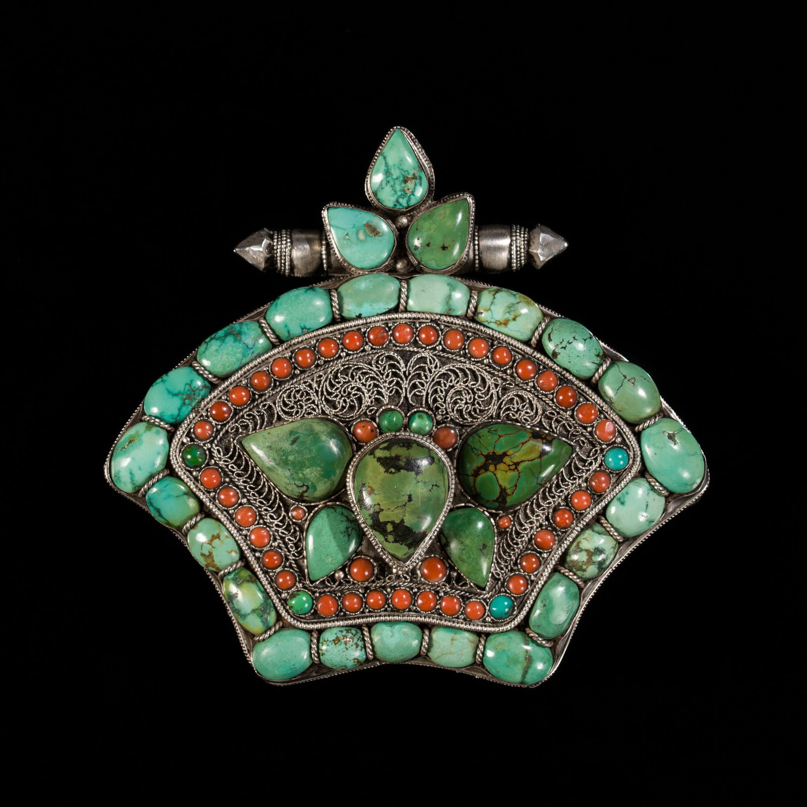 A LARGE TURQUOISE AND CORAL INLAID SILVER AMULET BOX, GAU, 19TH CENTURY (1 of 13)