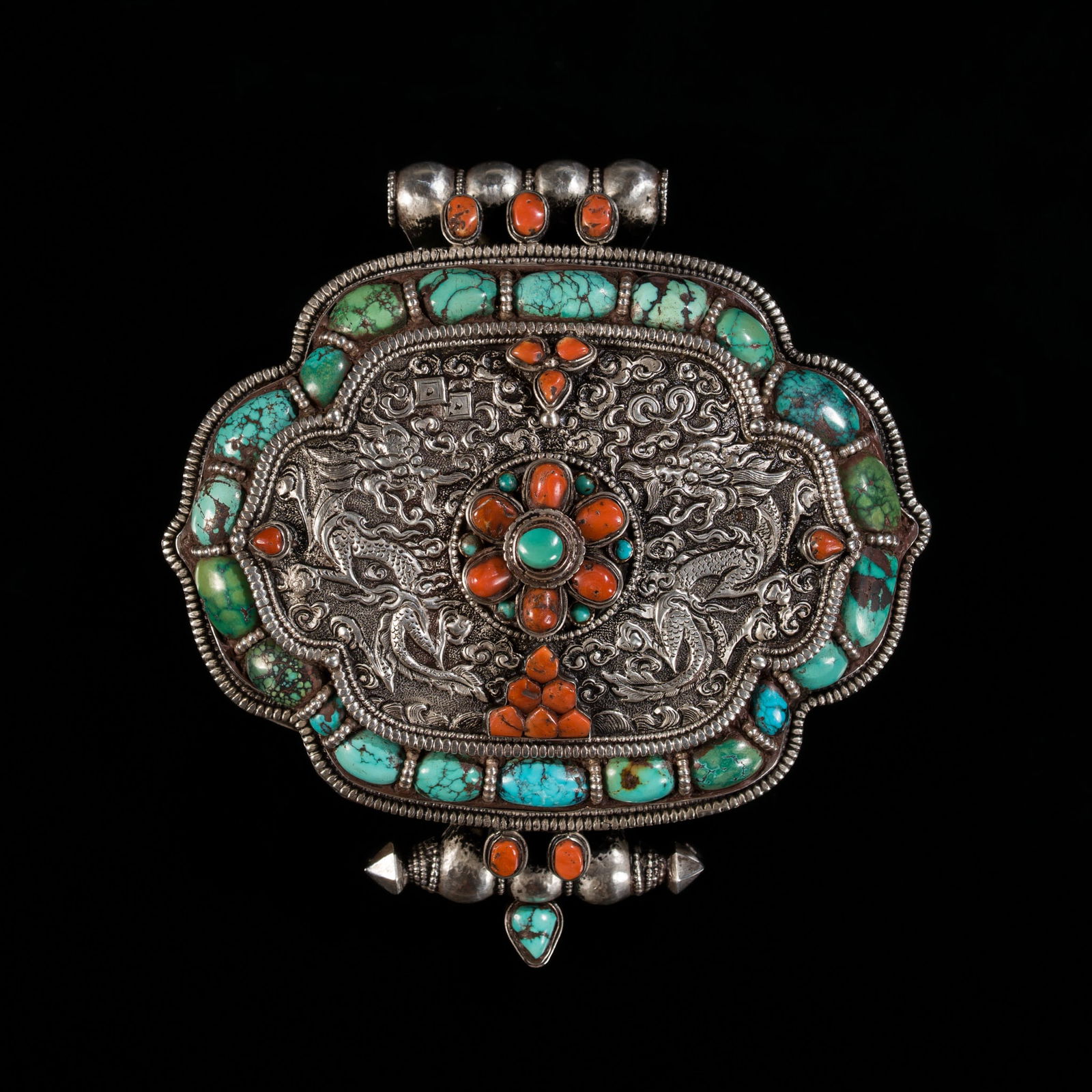 A LARGE AND HEAVY TURQUOISE AND CORAL INLAID SILVER AMULET BOX, GAU, 19TH CENTURY (1 of 12)