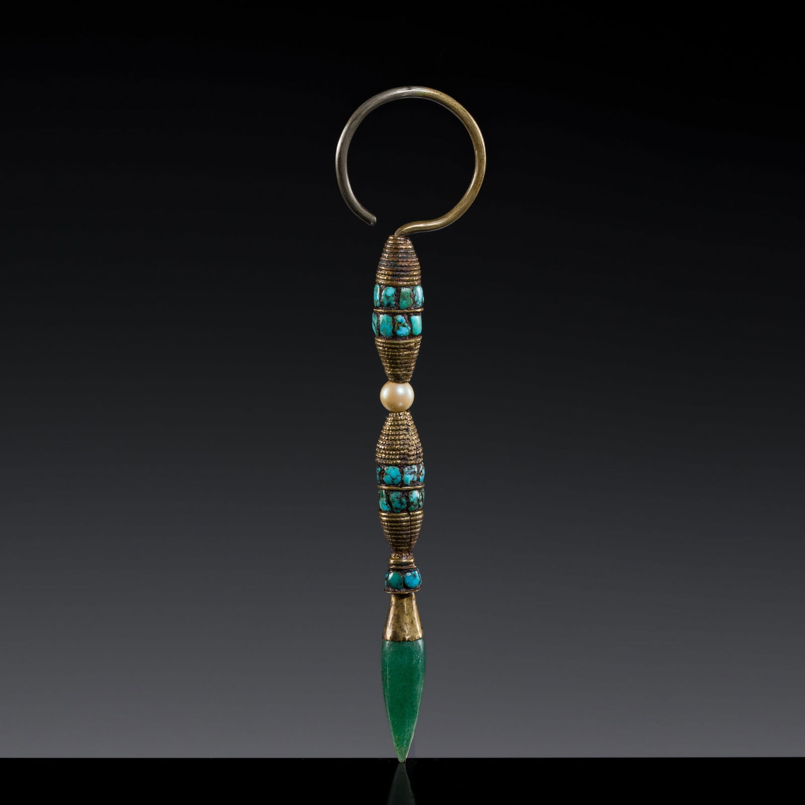 A BRASS, PEARL AND TURQUOISE OFFICIAL'S EARRING, SOCHI, 19TH CENTURY (1 of 15)