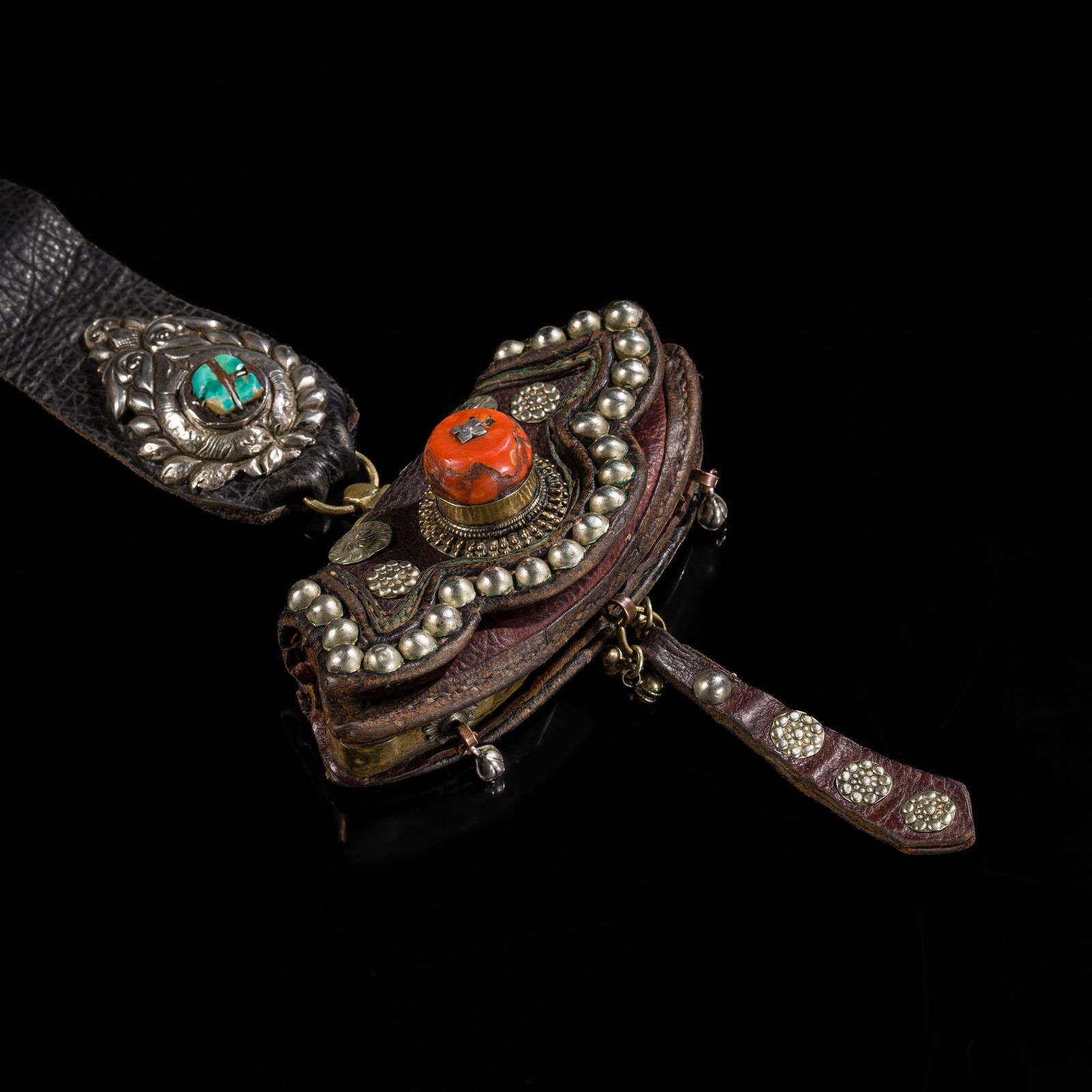 A CORAL AND TURQUOISE INLAID BRONZE AND SILVER TINDER POUCH, CHUCKMUCK, 19TH CENTURY (1 of 12)