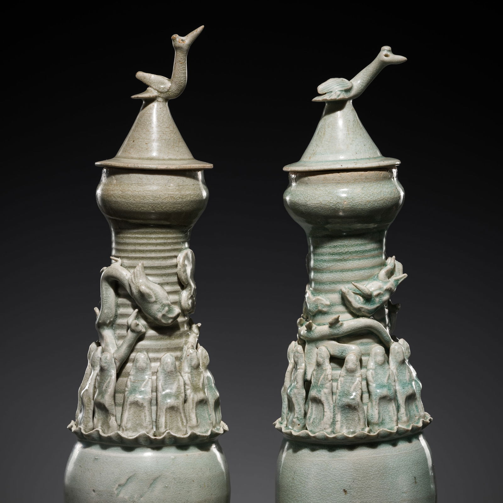 A PAIR OF QINGBAI FUNERARY JARS AND COVERS, SONG DYNASTY (1 of 16)