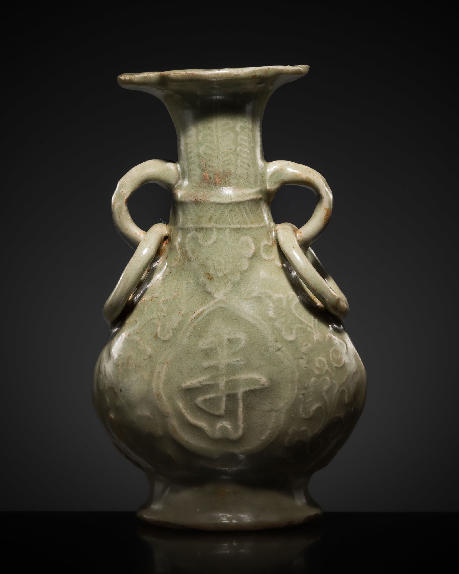 A MOLDED LONGQUAN CELADON 'FU SHOU' VASE, EARLY MING DYNASTY (1 of 14)