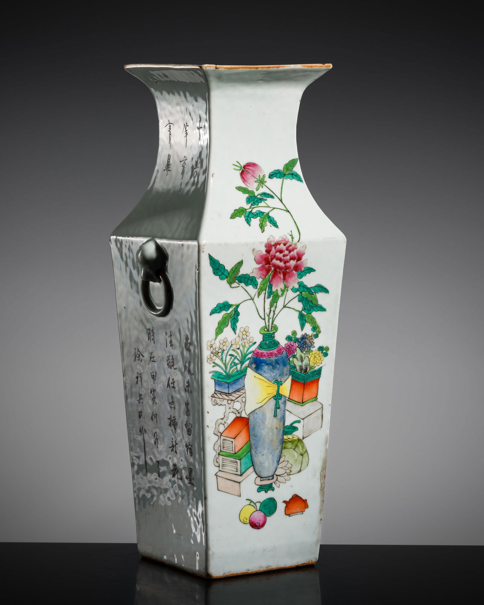 A LARGE FAMILLE ROSE SQUARE-SECTION VASE, DATED 1914 (1 of 15)