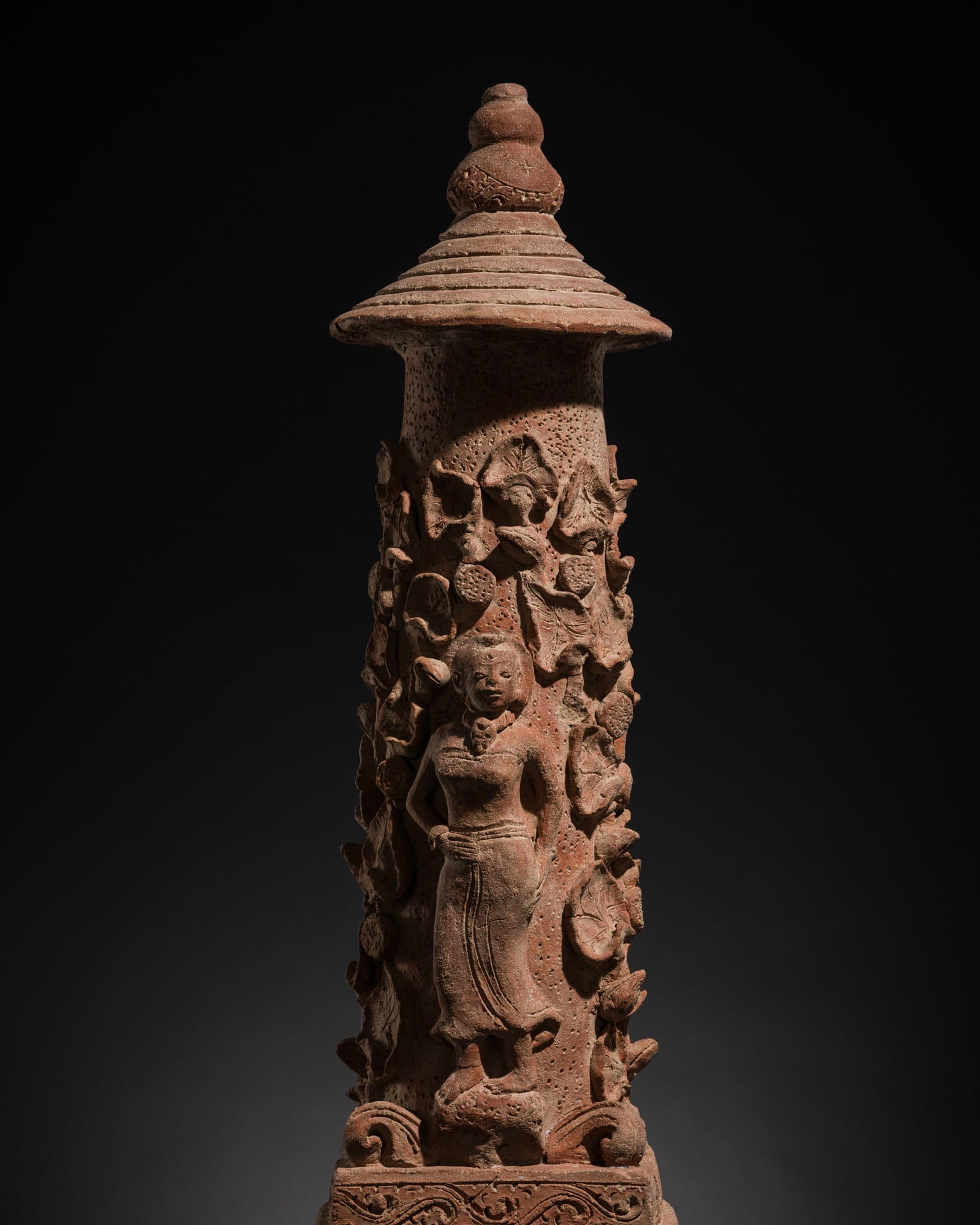 A MAJAPAHIT TERRACOTTA ARCHITECTUAL PILLAR WITH NYMPHS AND LOTUS (1 of 13)