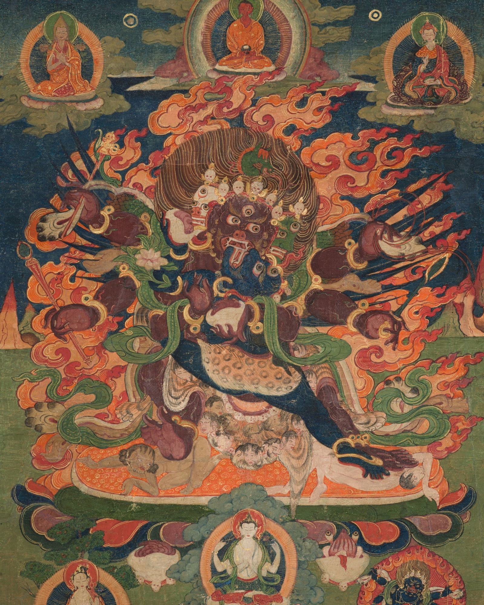 A THANGKA DEPICTING SUPERSECRET HAYAGRIVA AND CONSORT, TIBET, 18TH-19TH CENTURY: A THANGKA DEPICTING SUPERSECRET HAYAGRIVA AND CONSORT, TIBET, 18TH-19TH CENTURY Gold and distemper on cloth. Superbly rendered, the winged, four-legged, six-armed wrathful deity striding in alidhasana