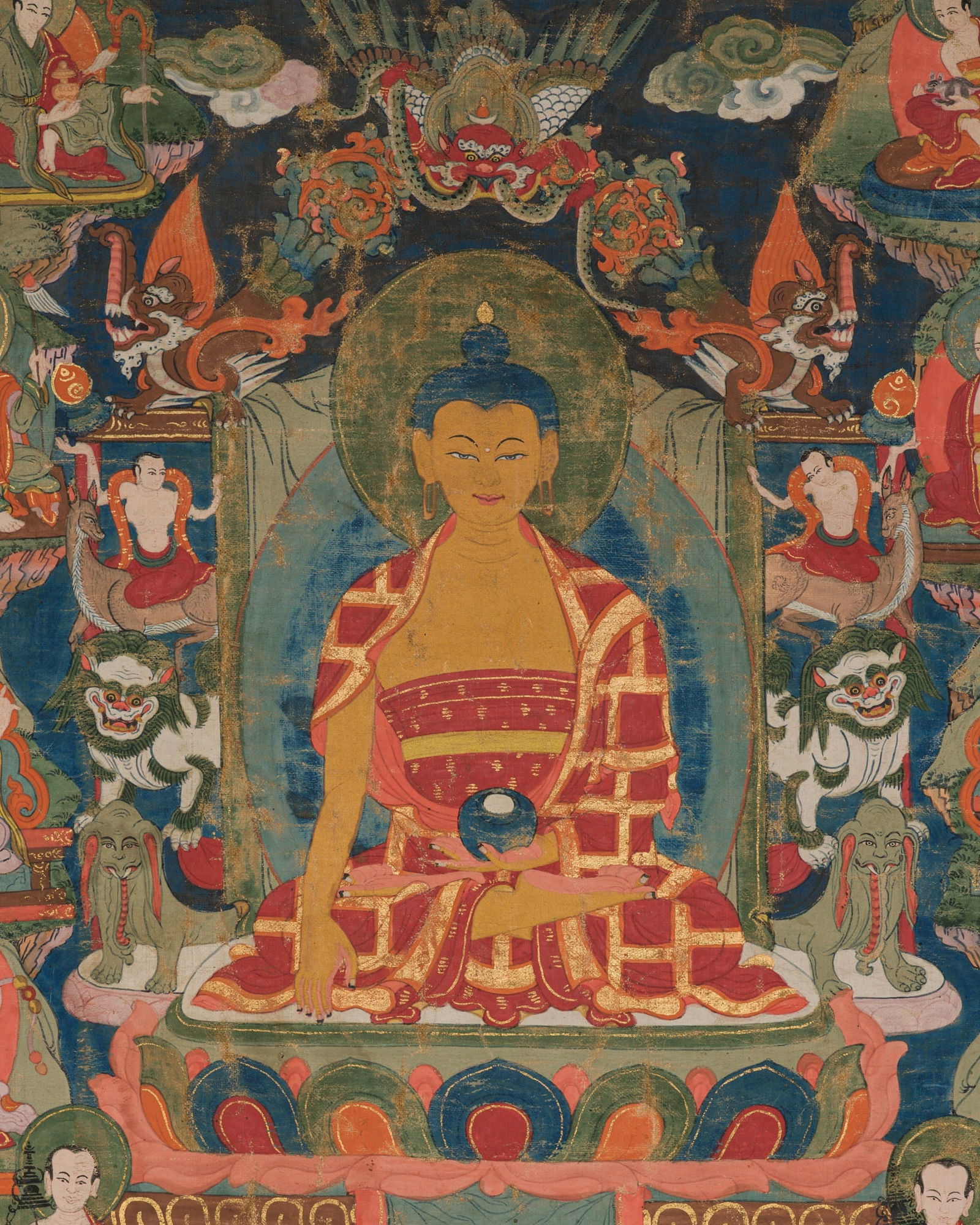 A THANGKA OF BUDDHA SHAKYAMUNI AND THE SIXTEEN ARHATS, TIBET, 18TH CENTURY (1 of 15)