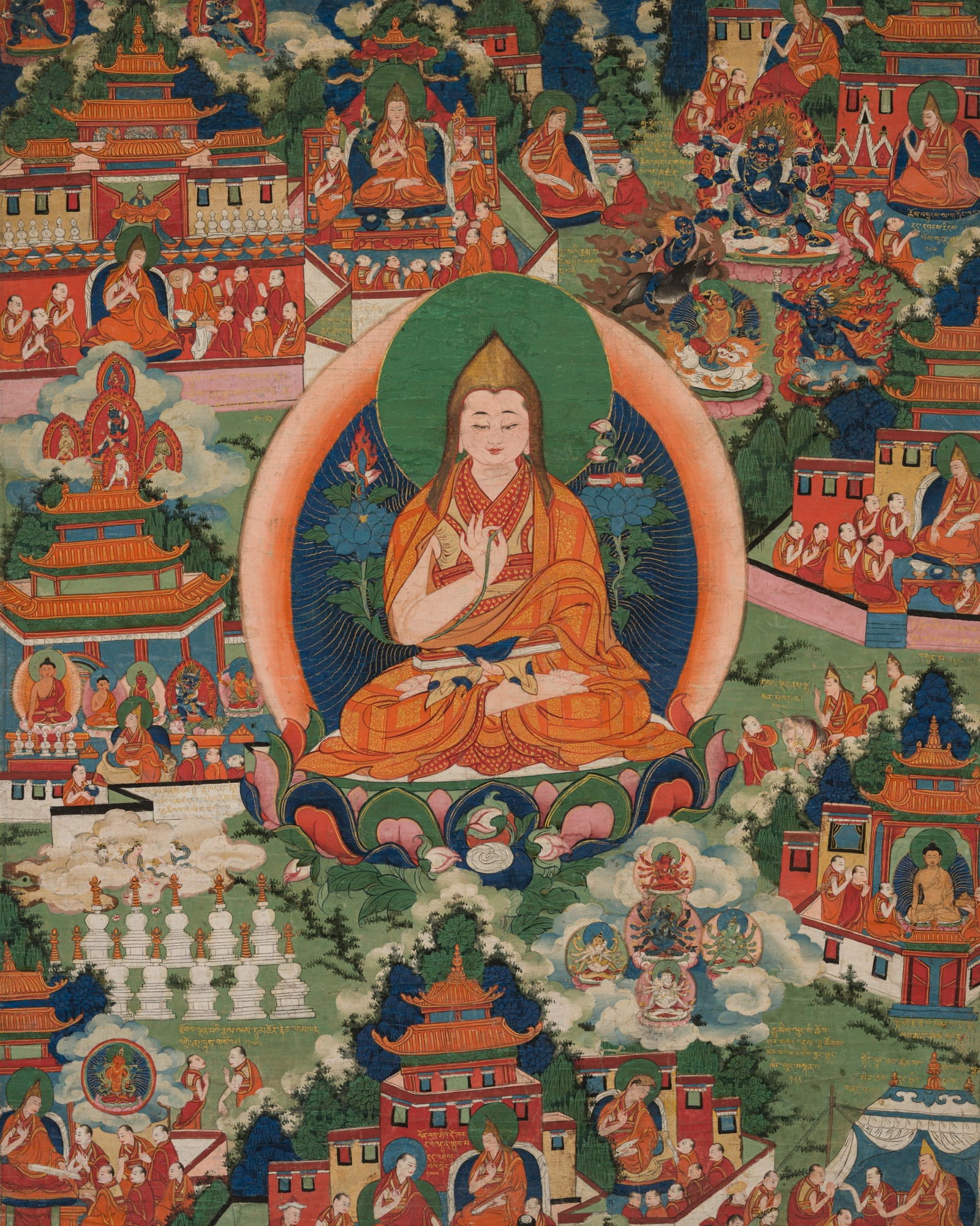 A FINE AND INSCRIBED THANGKA WITH ELEVEN SCENES FROM THE LIFE OF TSONGKHAPA, 19TH CENTURY: A FINE AND INSCRIBED THANGKA WITH ELEVEN SCENES FROM THE LIFE OF TSONGKHAPA, 19TH CENTURY Gold and distemper on cloth. Finely painted to depict Tsongkhapa seated on a lotus throne, the right hand held