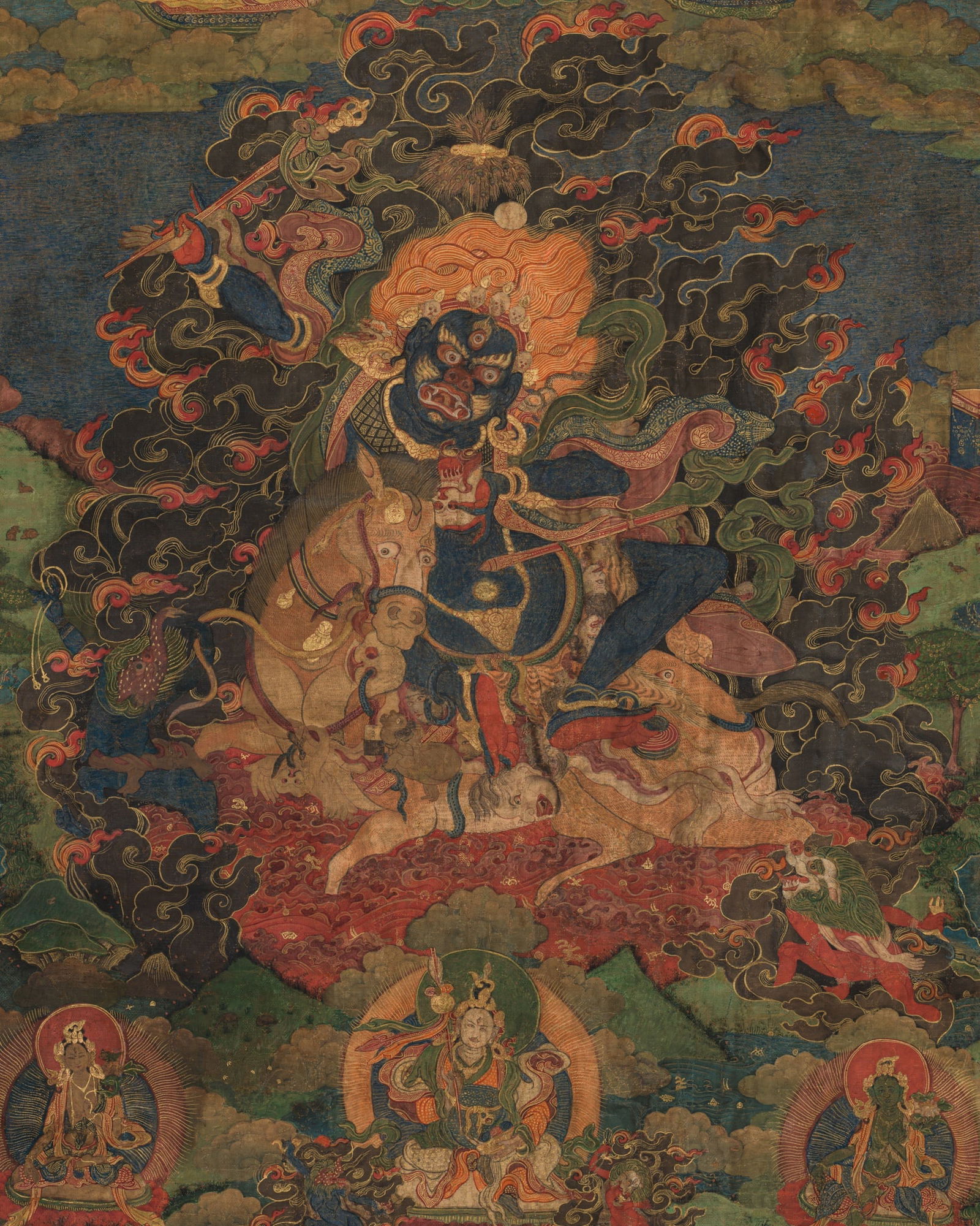 A THANGKA OF PALDEN LHAMO (SRI DEVI), QING DYNASTY, 18TH CENTURY: A THANGKA OF PALDEN LHAMO (SRI DEVI), QING DYNASTY, 18TH CENTURY Tibetan-Chinese or Mongolian. Distemper and gold on cloth. Depicting the wrathful goddess riding her mule atop a sea of blood and point