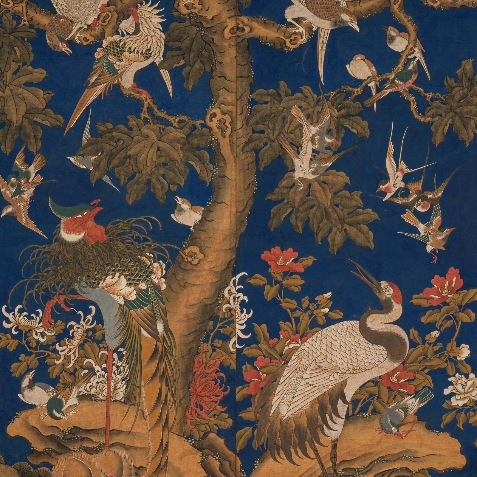 A RARE SET OF FOUR LAPIS LAZULI-GROUND WALLPAPER PANELS WITH 'HUNDRED BIRDS WORSHIPING THE PHOENIX': A RARE SET OF FOUR LAPIS LAZULI-GROUND WALLPAPER PANELS WITH 'HUNDRED BIRDS WORSHIPING THE PHOENIX' China, late 18th to early 19th century. Ink, watercolors, gouache, and lapis lazuli on paper. Finely