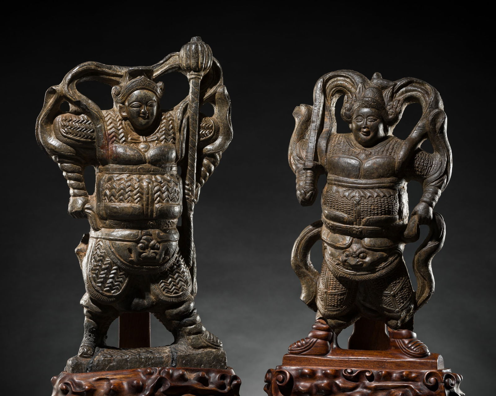 THE HEAVENLY KINGS VAISHRAVANA AND VIRUDHAKA, A PAIR OF LIMESTONE FIGURES, TANG TO SONG DYNASTY: THE HEAVENLY KINGS VAISHRAVANA AND VIRUDHAKA, A PAIR OF LIMESTONE FIGURES, TANG TO SONG DYNASTY Expert's note:Although these figures were dated as Ming dynasty in a 1930 catalog from the