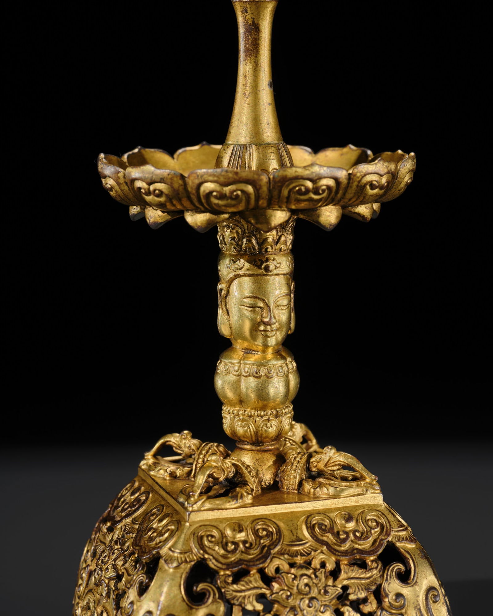 A RARE GILT-BRONZE BUDDHIST ALTAR PRICKET CANDLESTICK, ZHUTAI, 15TH CENTURY (1 of 14)