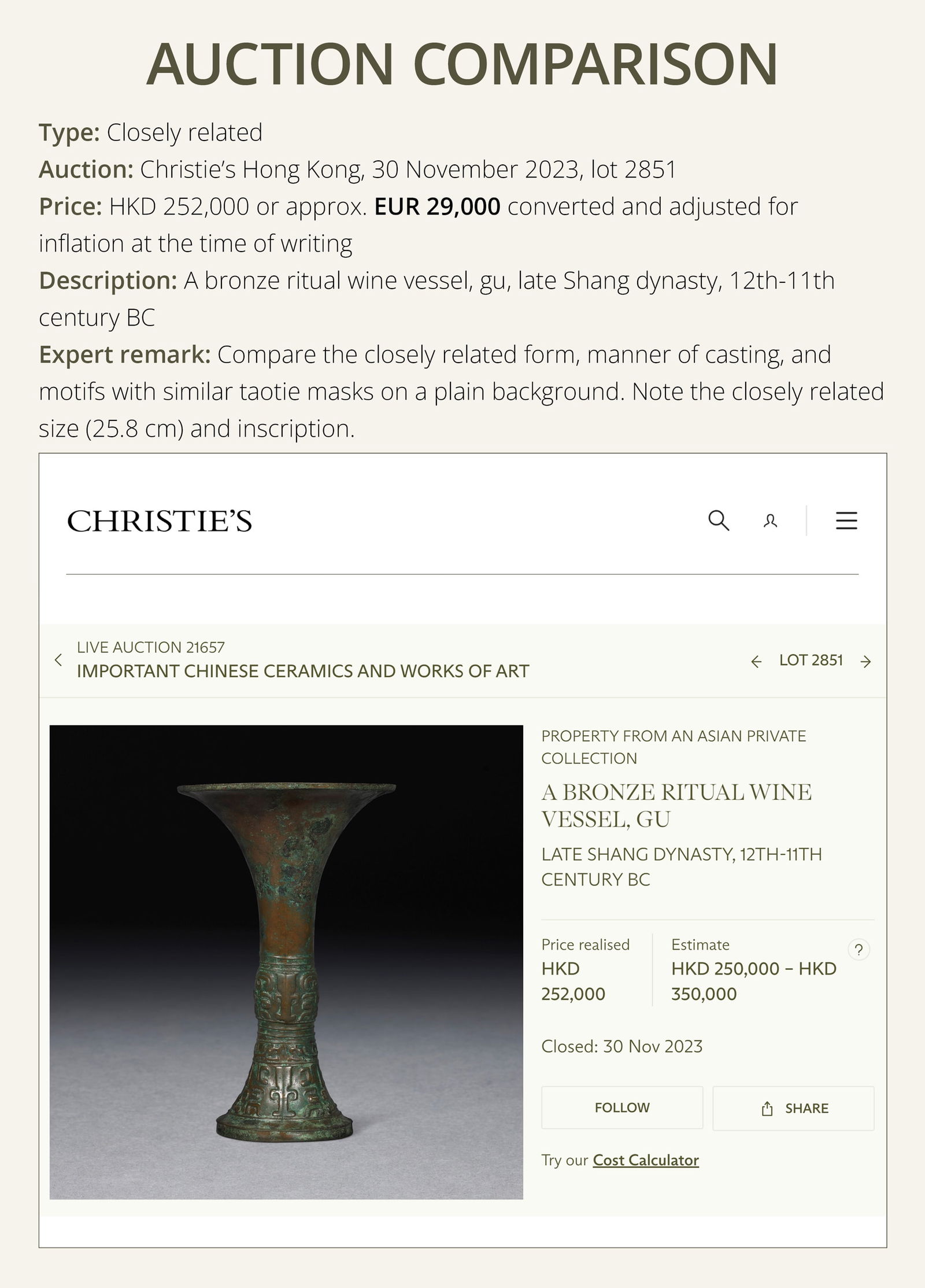 AN EXCEEDINGLY RARE BRONZE RITUAL WINE VESSEL, GU, LATE SHANG DYNASTY, ANYANG PERIOD, 12TH-11TH - 4