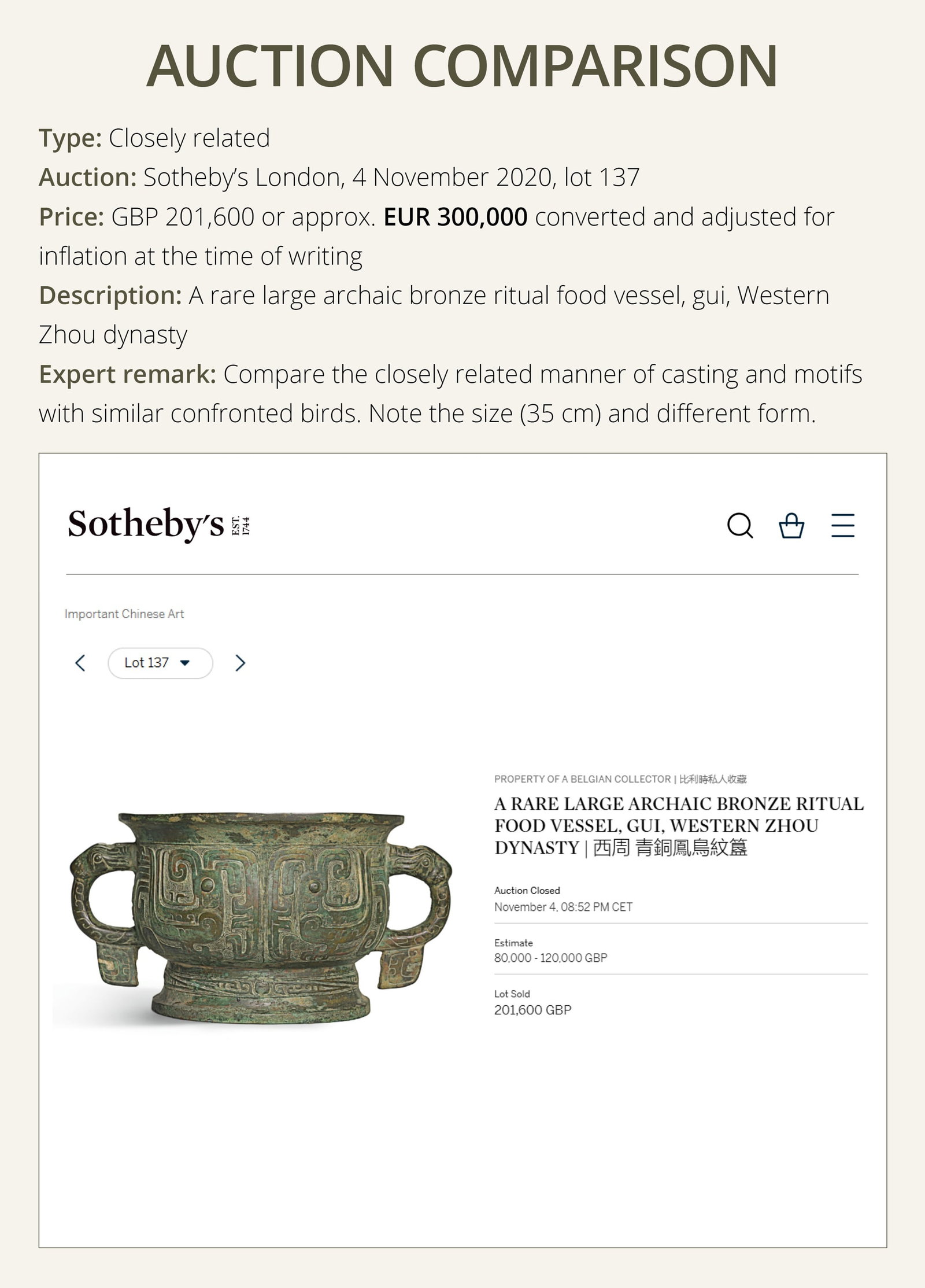 A RARE BRONZE RITUAL FOOD VESSEL, YOU, WESTERN ZHOU DYNASTY, 10TH CENTURY BC - 10