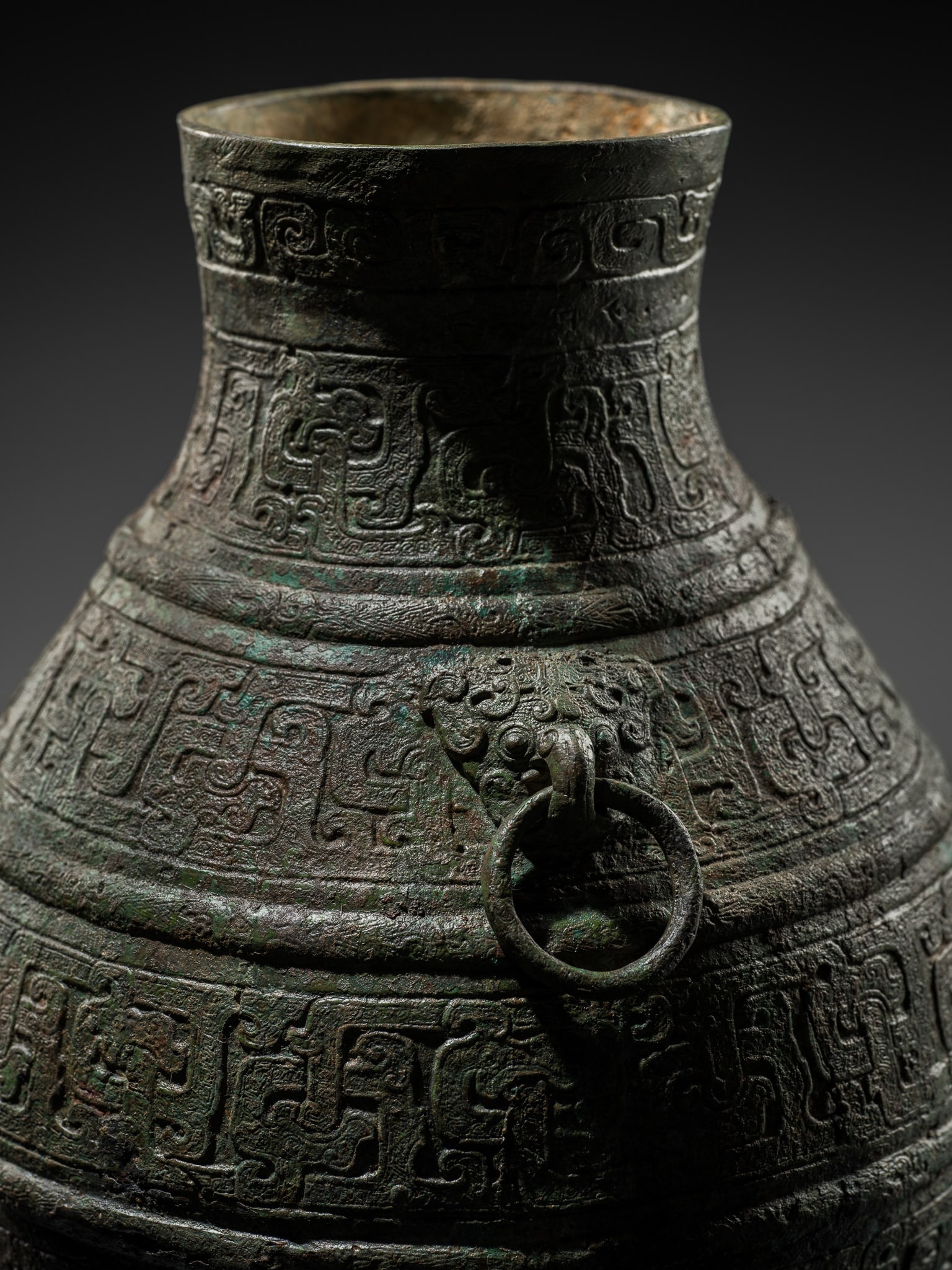 A RARE BRONZE RITUAL WINE VESSEL AND COVER, HU, WARRING STATES PERIOD, WITH TWO INSCRIPTIONS - 17