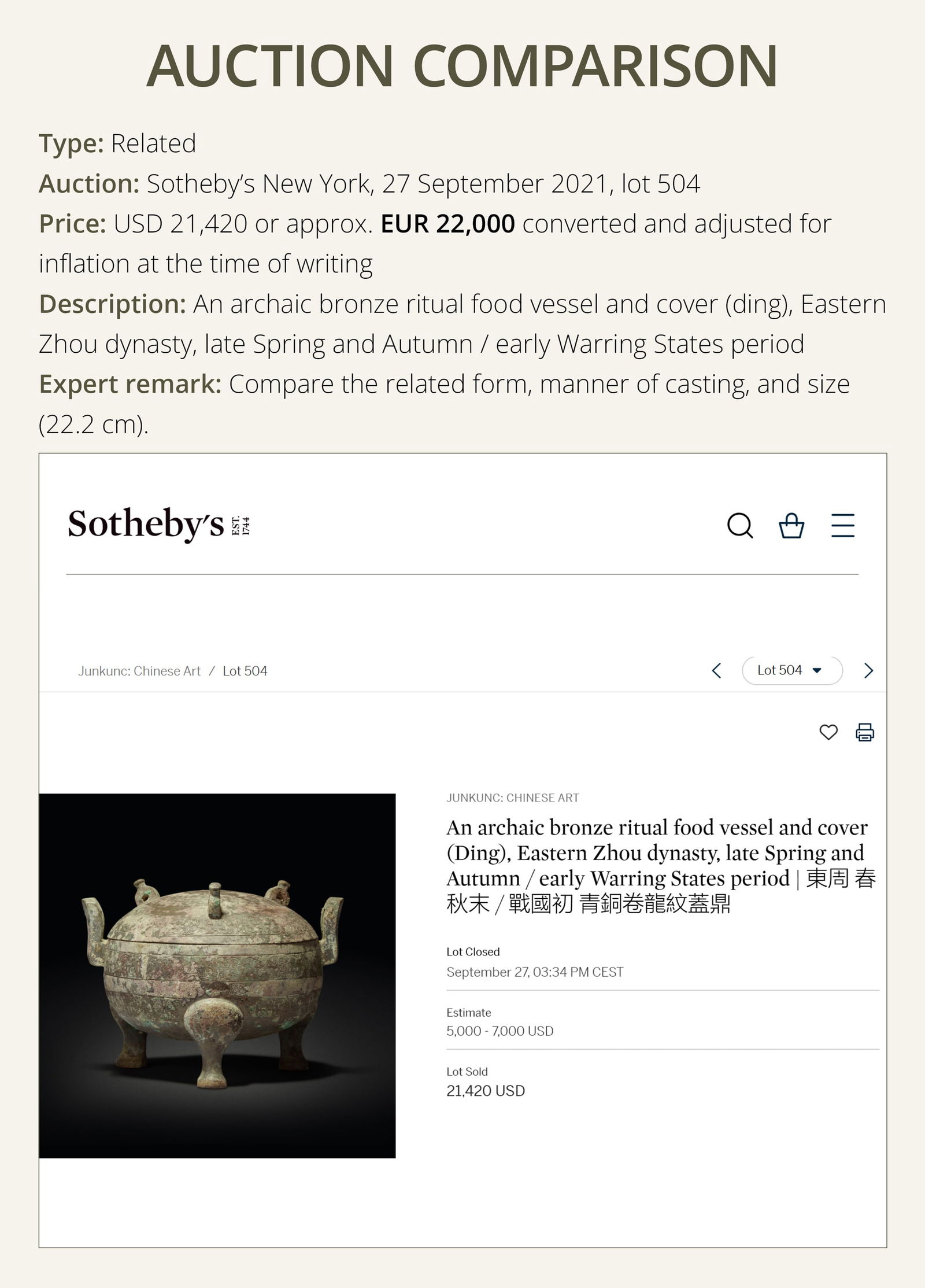 A BRONZE RITUAL FOOD VESSEL AND COVER, DING, LATE SPRING AND AUTUMN TO EARLY WARRING STATES PERIOD - 7