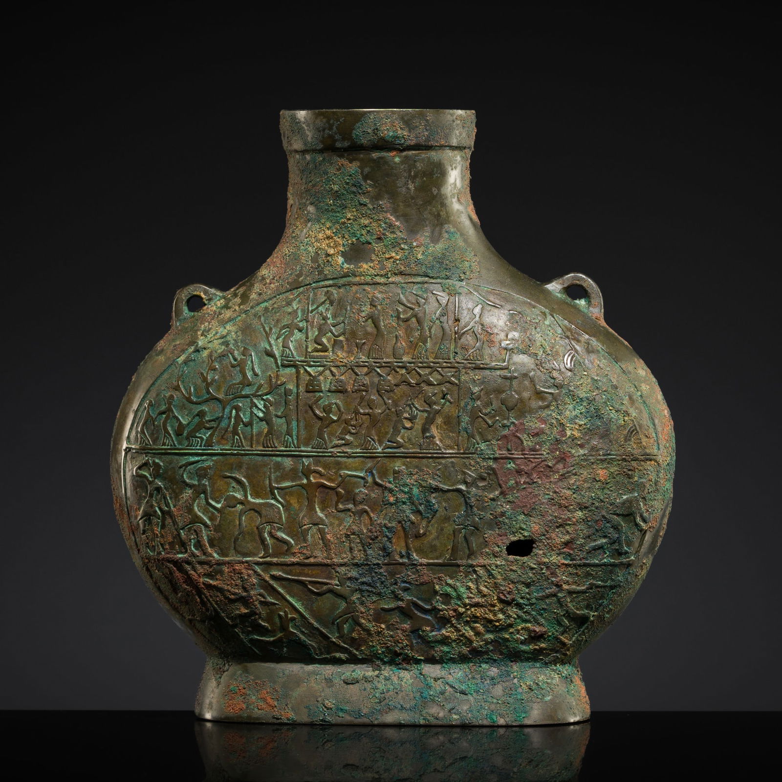 A SMALL RELIEF-DECORATED BRONZE WINE VESSEL, BIANHU, HAN DYNASTY (1 of 17)