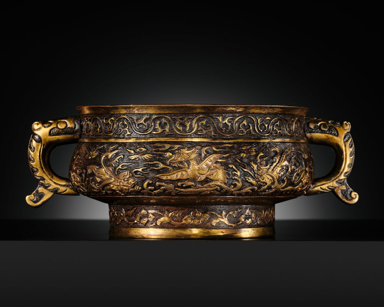 A HU WENMING PARCEL-GILT BRONZE 'TEN MYTHICAL BEASTS' CENSER, GUI, MING DYNASTY (1 of 18)