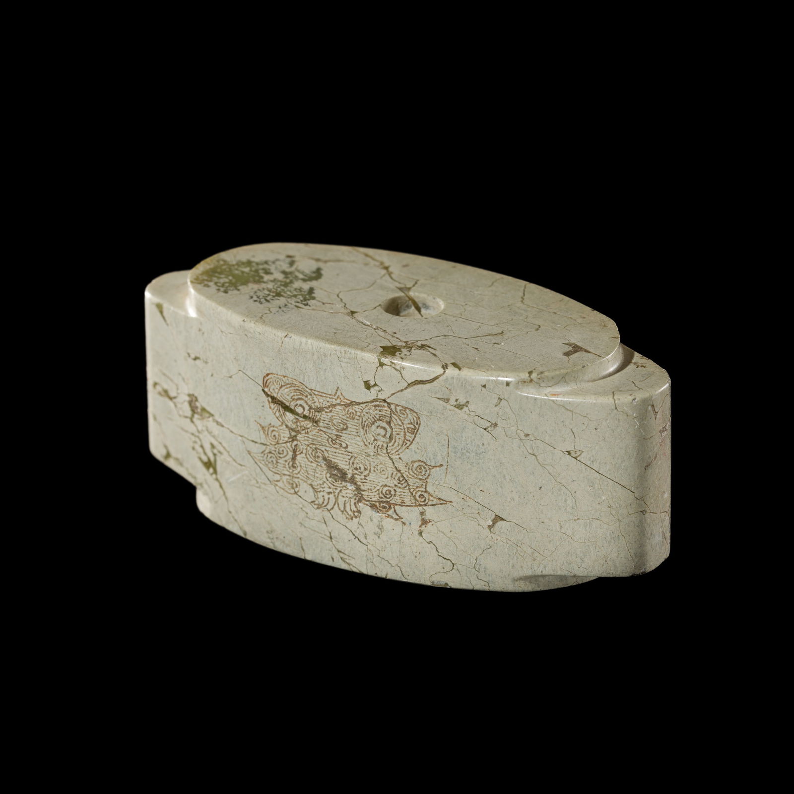 A PALE GREEN JADE BEAD ORNAMENT, NEOLITHIC PERIOD, LIANGZHU CULTURE: A PALE GREEN JADE BEAD ORNAMENT, NEOLITHIC PERIOD, LIANGZHU CULTURE China, c. 3300-2200 BC. Of oval section with two projections at the narrower sides, reminiscent of a cong, the piece is vertically d