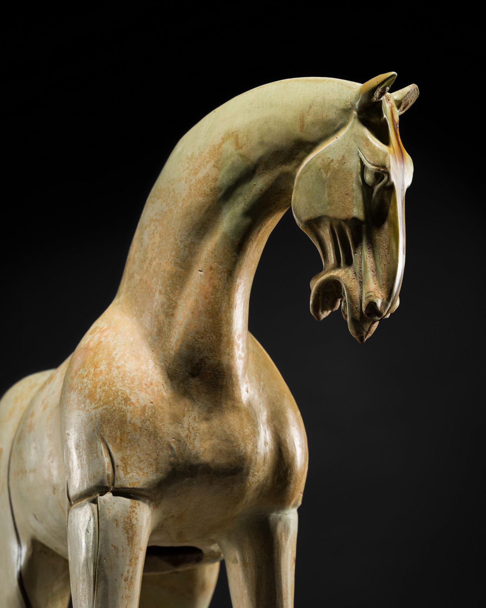 A LARGE SANCAI GLAZED POTTERY FIGURE OF A FERGHANA HORSE, TANG DYNASTY: A LARGE SANCAI GLAZED POTTERY FIGURE OF A FERGHANA HORSE, TANG DYNASTY Scientific Analysis Report: A thermoluminescence analysis report issued by Oxford Authentication on 13 October 2025, based on sam