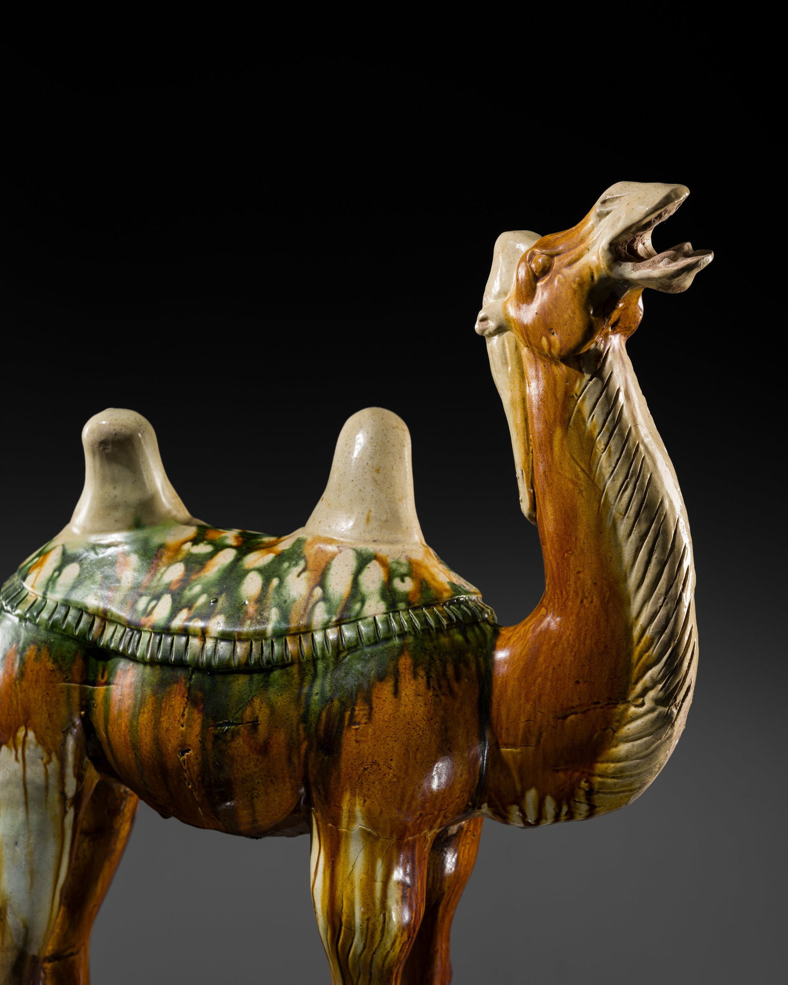 A MAGNIFICENT AND VERY LARGE SANCAI-GLAZED BACTRIAN CAMEL, TANG DYNASTY (1 of 20)