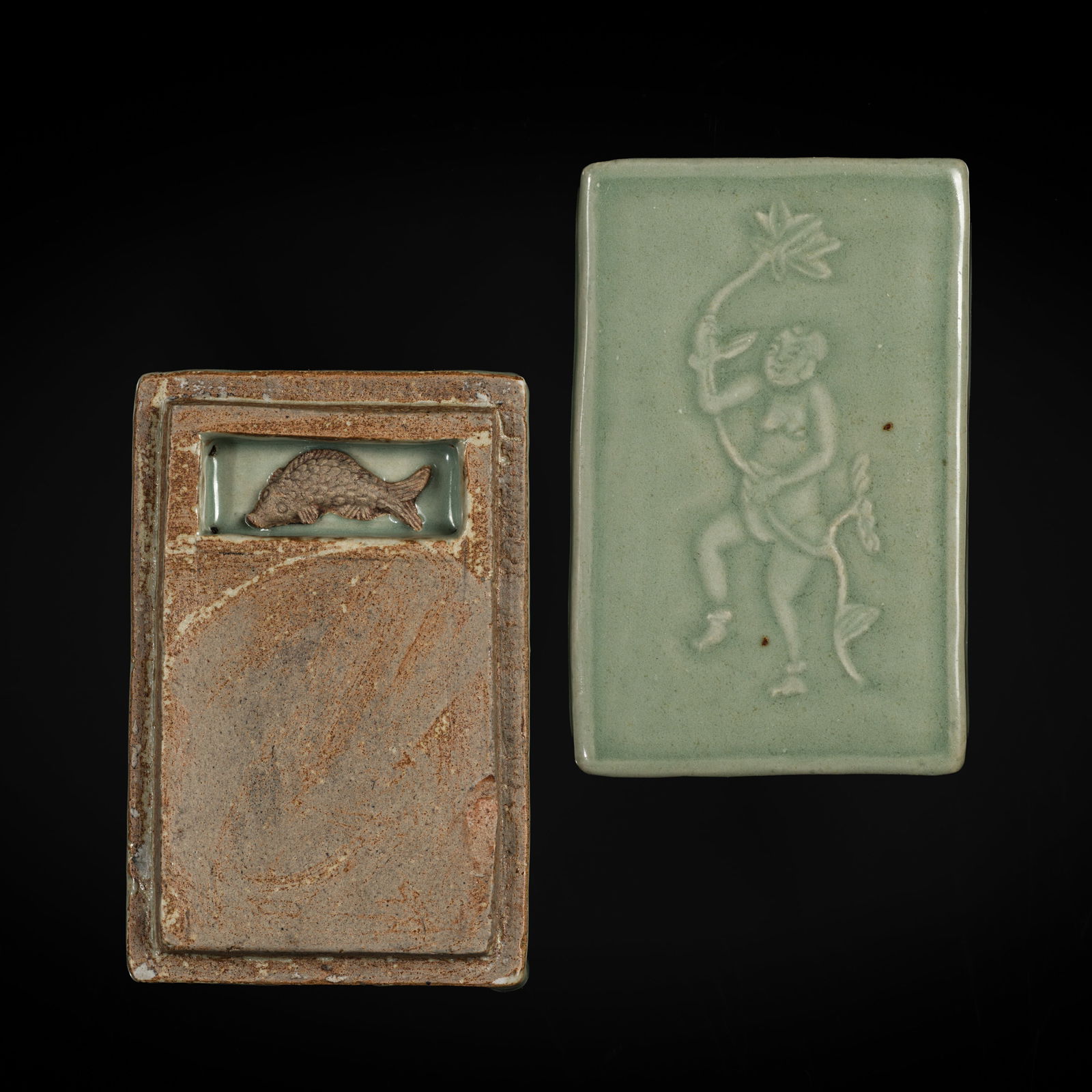 A CARVED LONGQUAN CELADON 'BOY AND LOTUS' INKSTONE AND COVER, YUAN DYNASTY: A CARVED LONGQUAN CELADON 'BOY AND LOTUS' INKSTONE AND COVER, YUAN DYNASTY Published: Feng-Chun Ma, A Thousand Years of a Hundred Boys in Chinese Art, Hong Kong, 2024, p. 200-201, no. 80.China, 1279