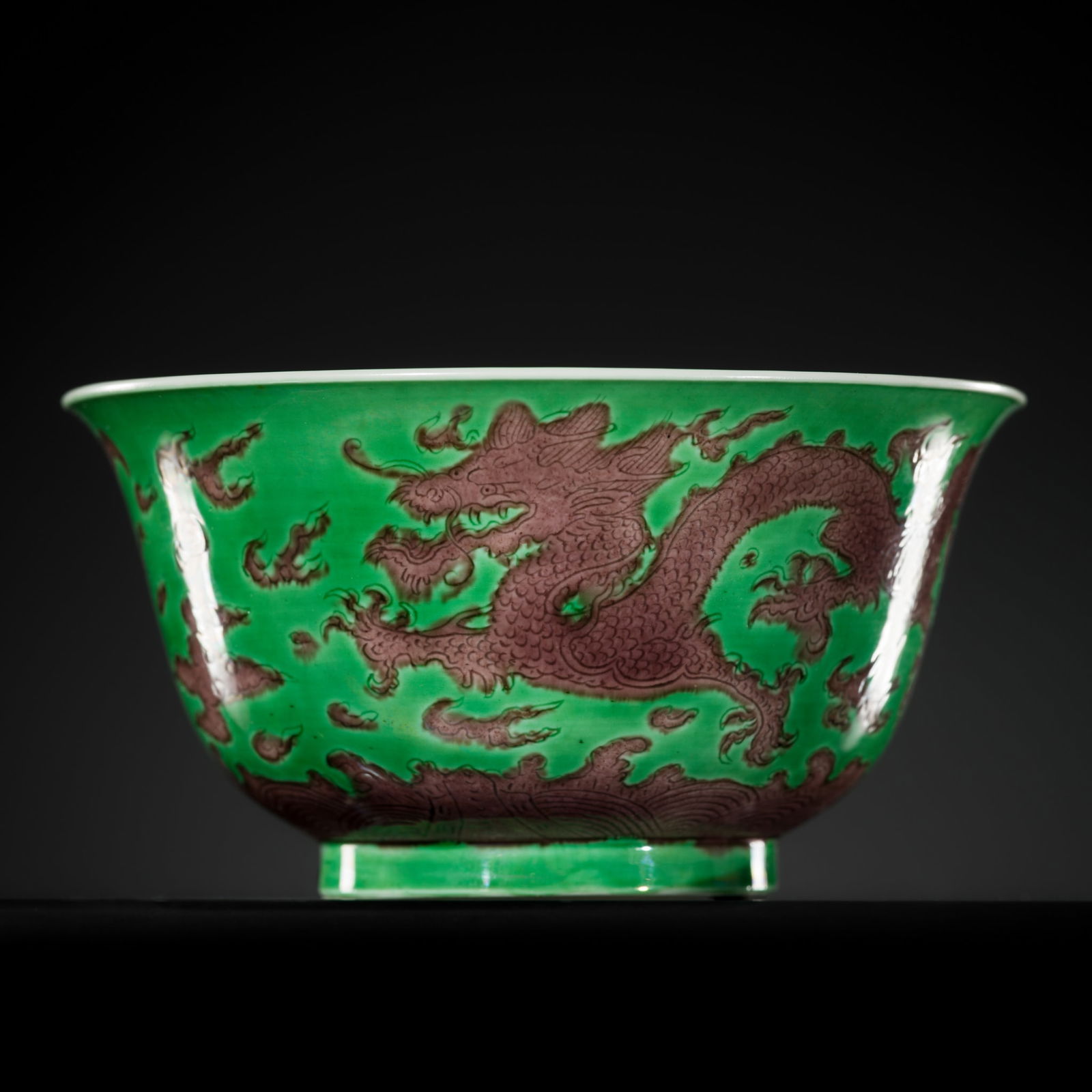 THE ABSOLUTELY PERFECT 'J. J. LALLY' AUBERGINE AND GREEN-GLAZED 'DRAGON' BOWL, KANGXI MARK AND: THE ABSOLUTELY PERFECT 'J. J. LALLY' AUBERGINE AND GREEN-GLAZED 'DRAGON' BOWL, KANGXI MARK AND PERIOD Expert's note: The design derives from a Ming dynasty prototype, exemplified by a larger bowl bear
