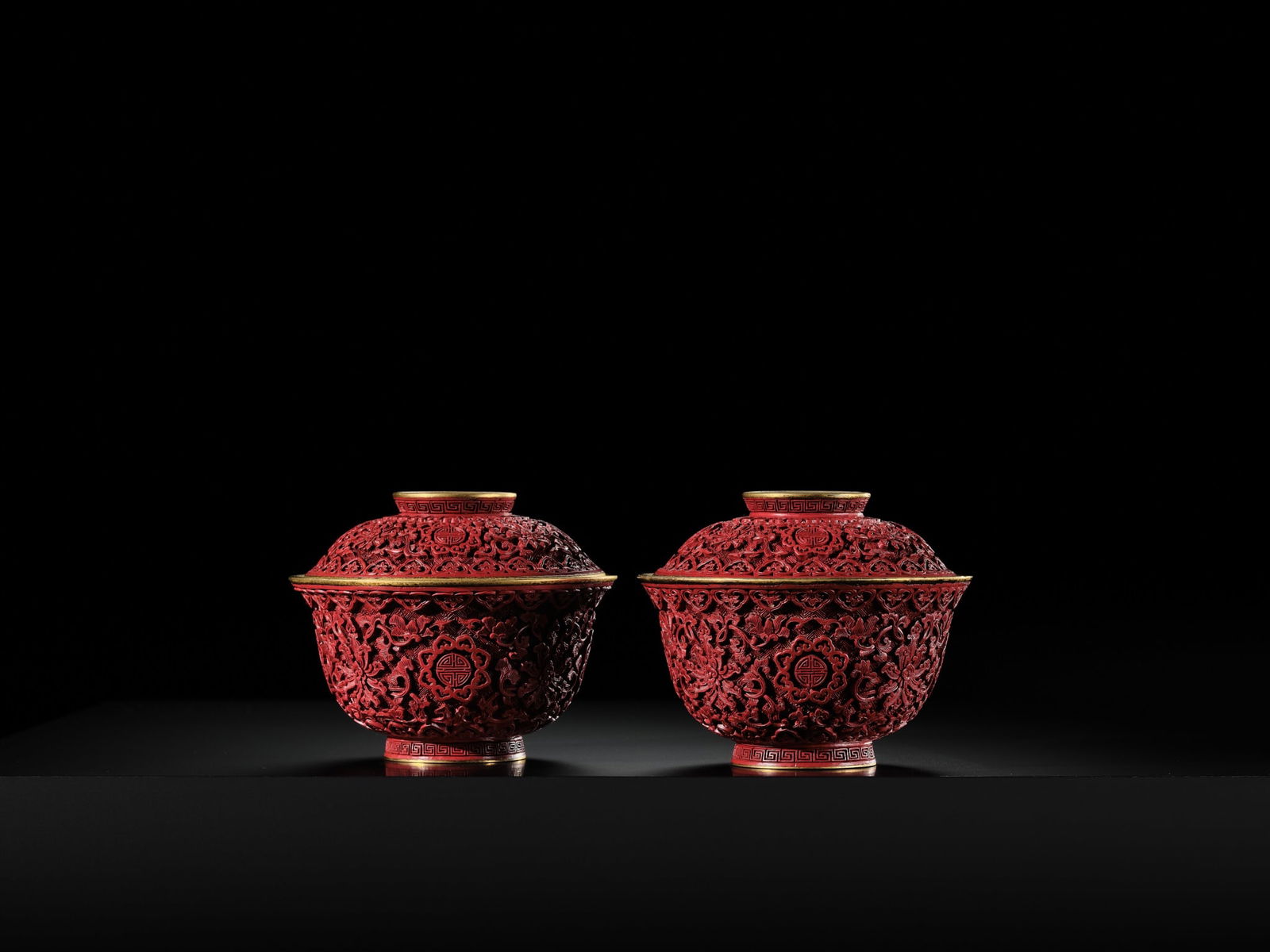 AN EXTREMELY RARE PAIR OF RICHLY GILT IMPERIAL BRONZE AND CINNABAR LACQUER 'SHOU' BOWLS AND COVERS, - 2