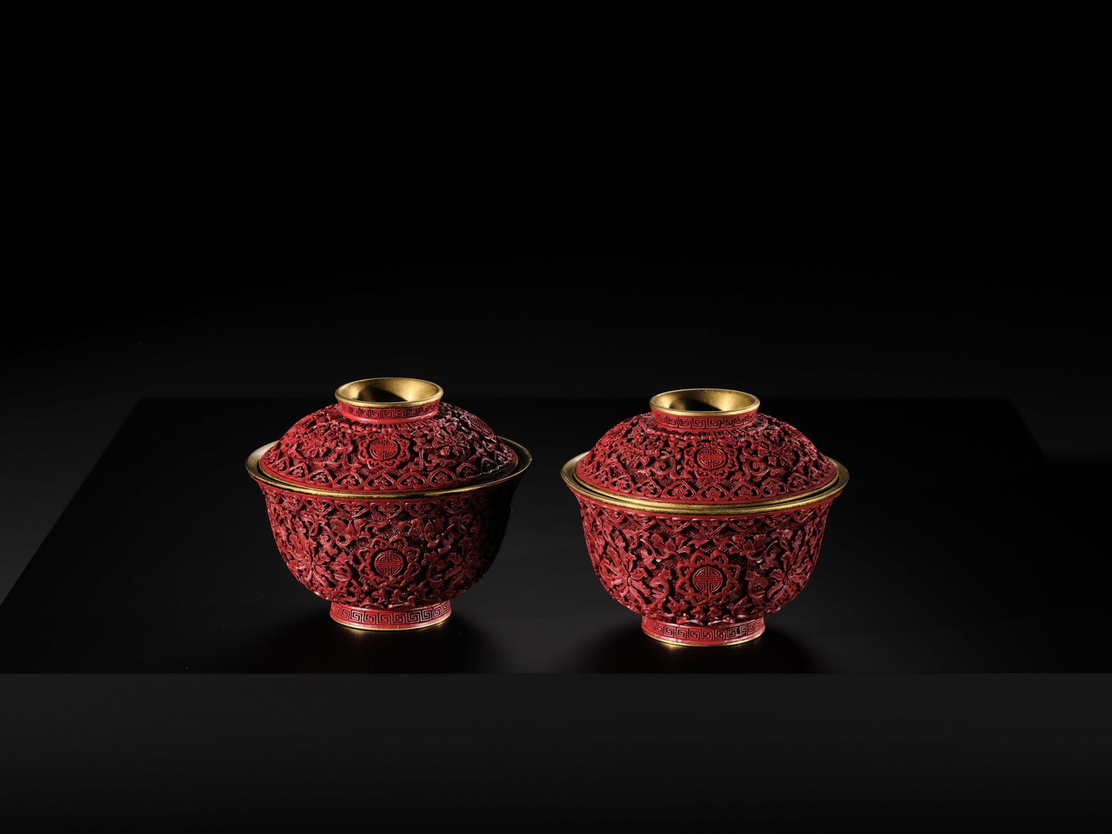 AN EXTREMELY RARE PAIR OF RICHLY GILT IMPERIAL BRONZE AND CINNABAR LACQUER 'SHOU' BOWLS AND COVERS, - 8