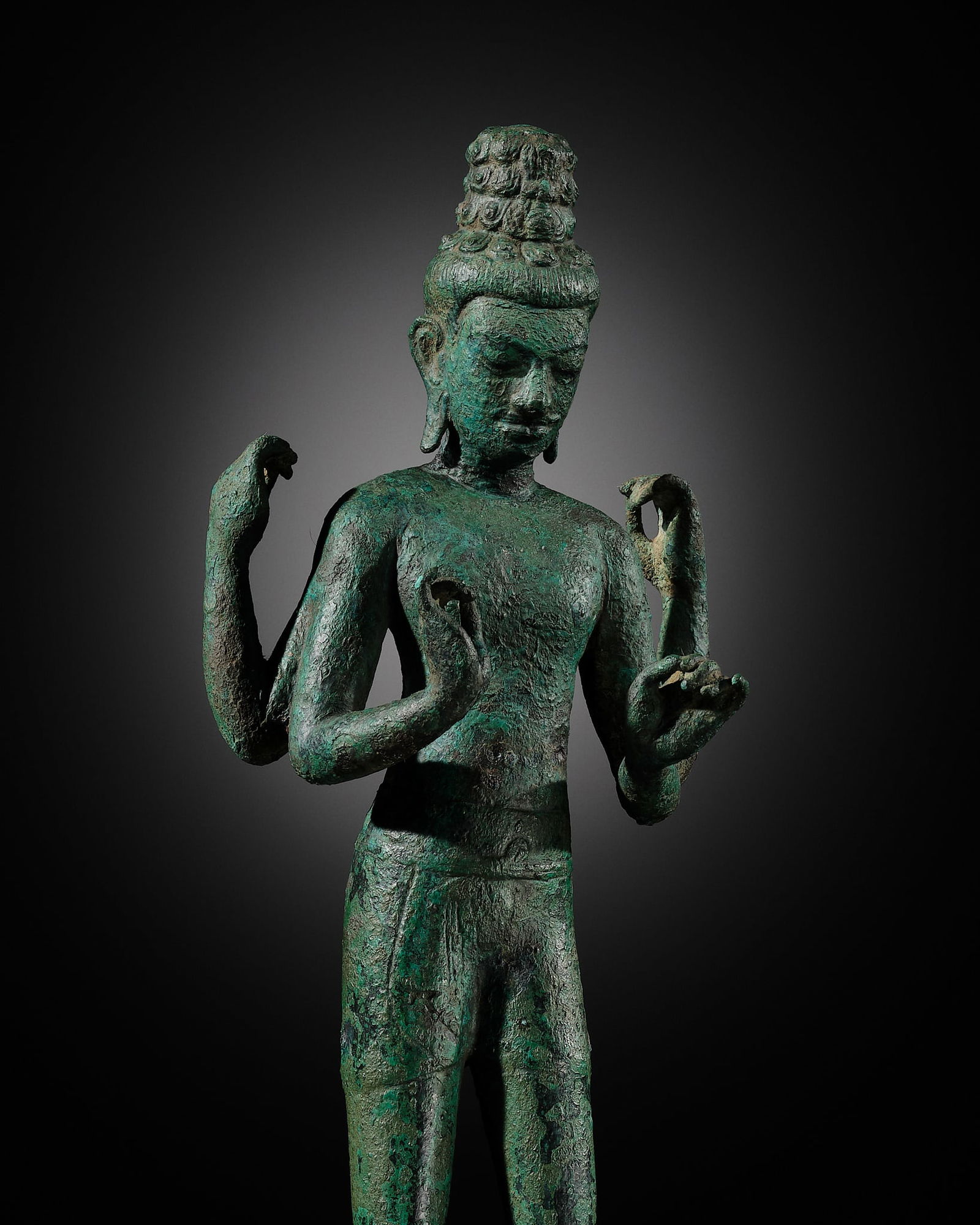 A BRONZE FIGURE OF MAITREYA, PRE-ANGKOR, EARLY 8TH CENTURY, PROBABLY FROM THE 'PRAKHON CHAI HOARD': A BRONZE FIGURE OF MAITREYA, PRE-ANGKOR, EARLY 8TH CENTURY, PROBABLY FROM THE 'PRAKHON CHAI HOARD' Published: René van Dijk, Serenity. Typology of South East Asian Buddha Art Styles, Asian Art Co