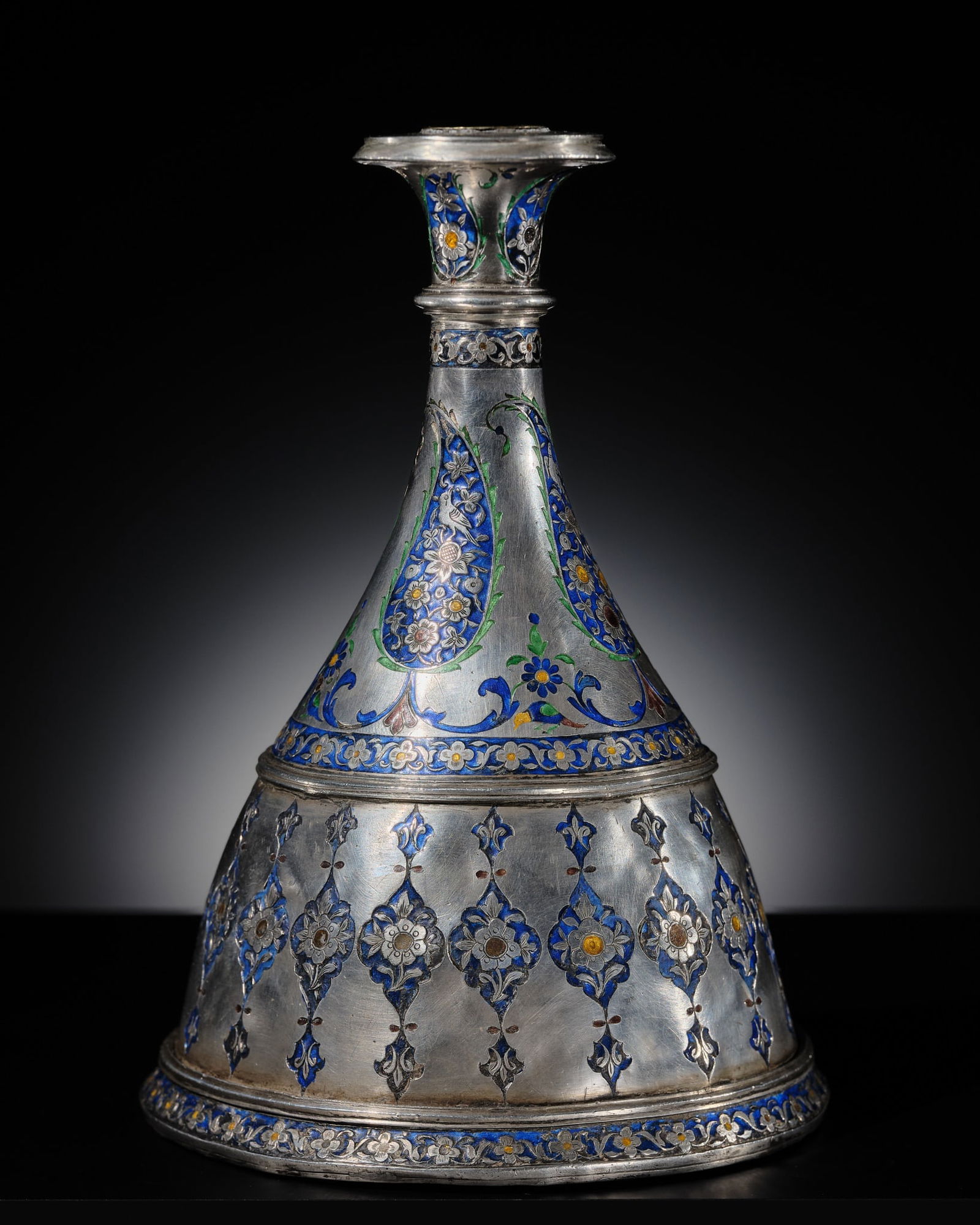 AN ENAMELED SILVER HOOKAH BASE, LUCKNOW, 18TH-19TH CENTURY: AN ENAMELED SILVER HOOKAH BASE, LUCKNOW, 18TH-19TH CENTURY Expert's note: The present hookah base is of an early form showing Persian influence. The enamel work is of a high standard and in remarkably