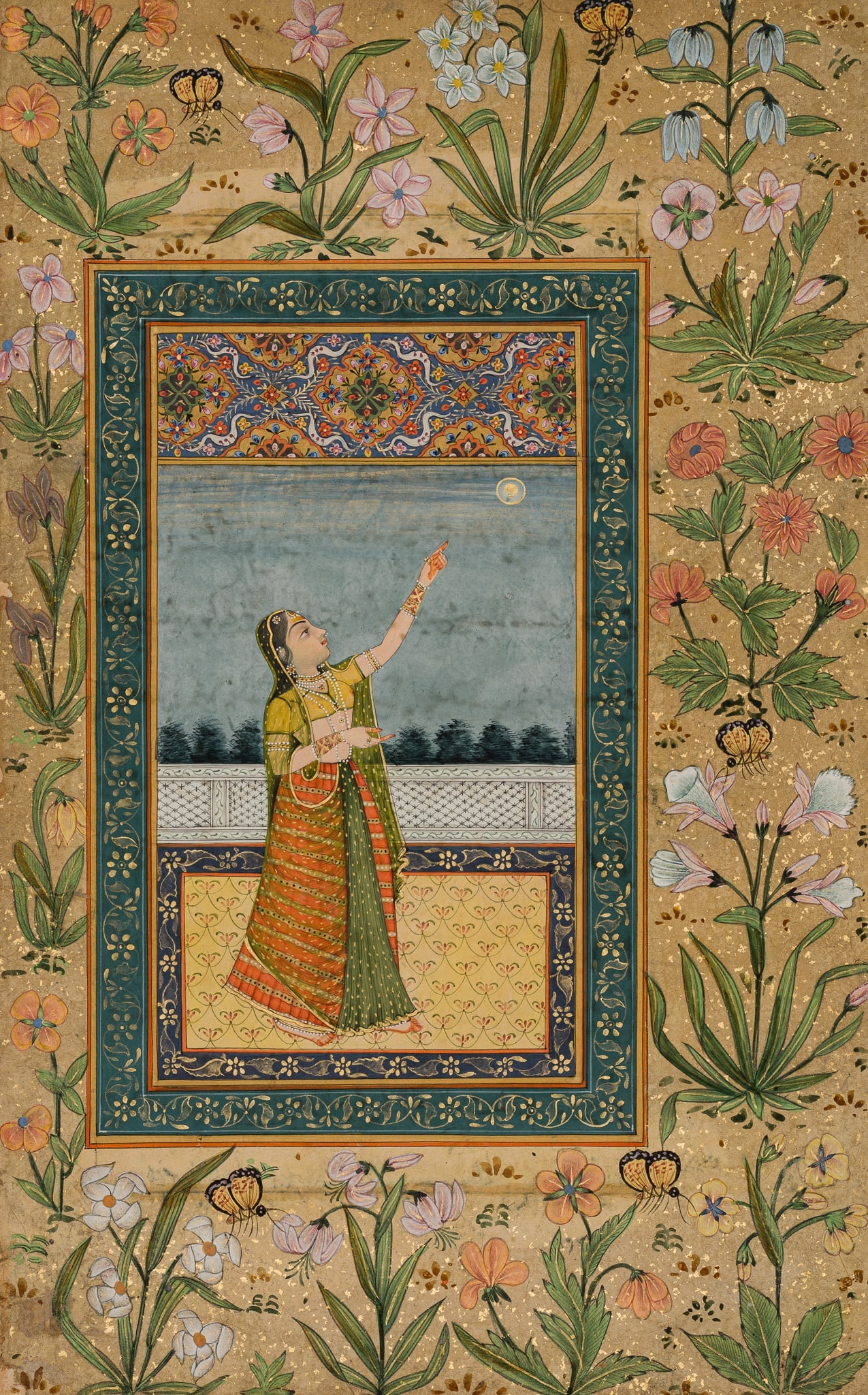 A MUGHAL PAINTING OF A NOBLE LADY ON A TERRACE, 17TH-18TH CENTURY: A MUGHAL PAINTING OF A NOBLE LADY ON A TERRACE, 17TH-18TH CENTURY Northern India. Opaque watercolors, ink, and gold on paper, matted. Finely painted to depict a young lady standing on a palace terrace