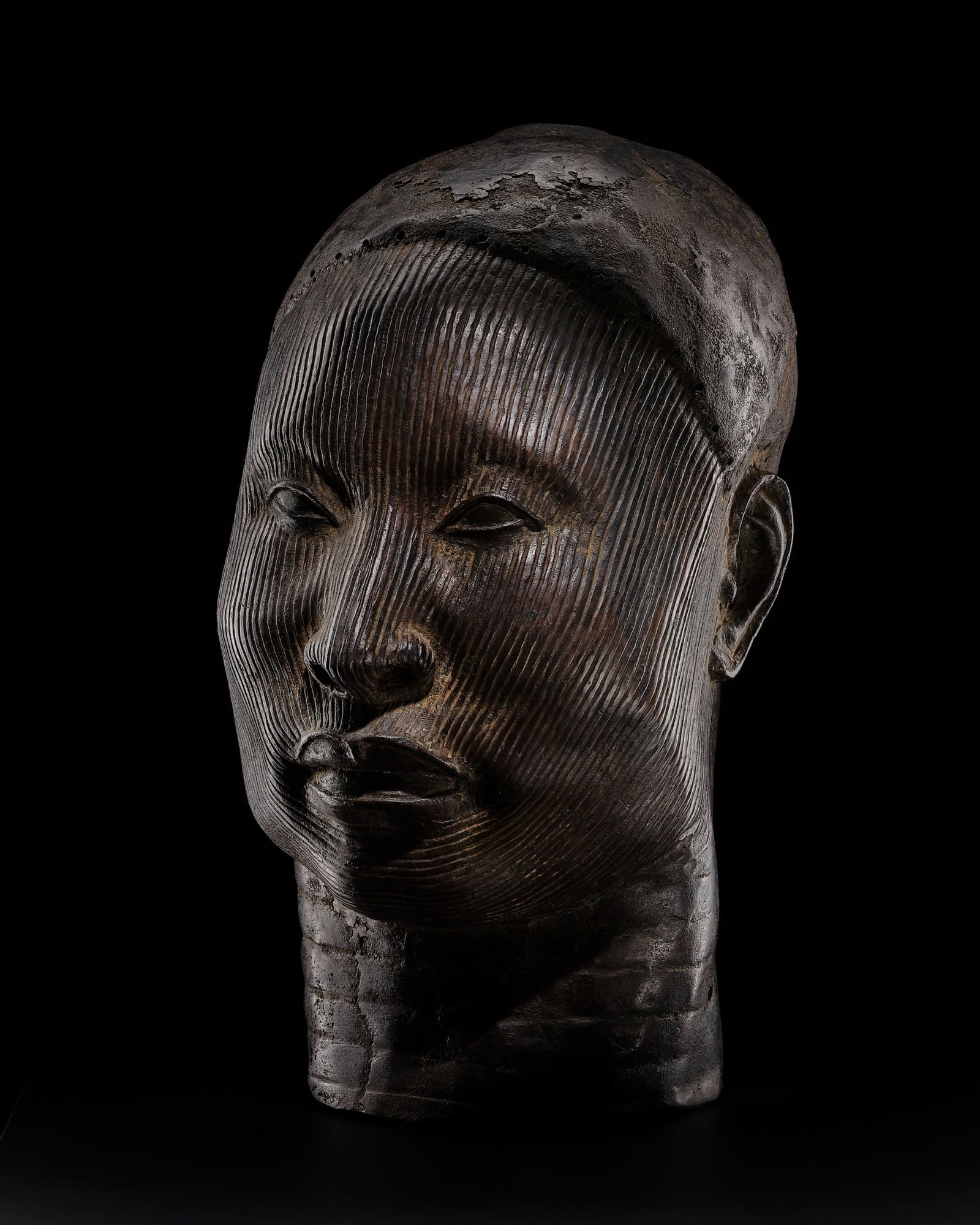 A RARE AND IMPORTANT COPPER ALLOY HEAD OF A KING, IFE, YORUBA PEOPLE, 14TH-16TH CENTURY: A RARE AND IMPORTANT COPPER ALLOY HEAD OF A KING, IFE, YORUBA PEOPLE, 14TH-16TH CENTURY Scientific Analysis Report: A metallurgical analysis report issued by Antiques Analytics - Institute of Scientif