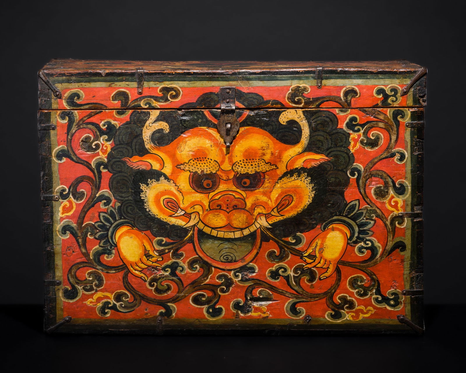 A PAINTED WOOD 'KIRTIMUKHA' STORAGE CHEST, EASTERN TIBET, 18TH-19TH CENTURY (1 of 15)