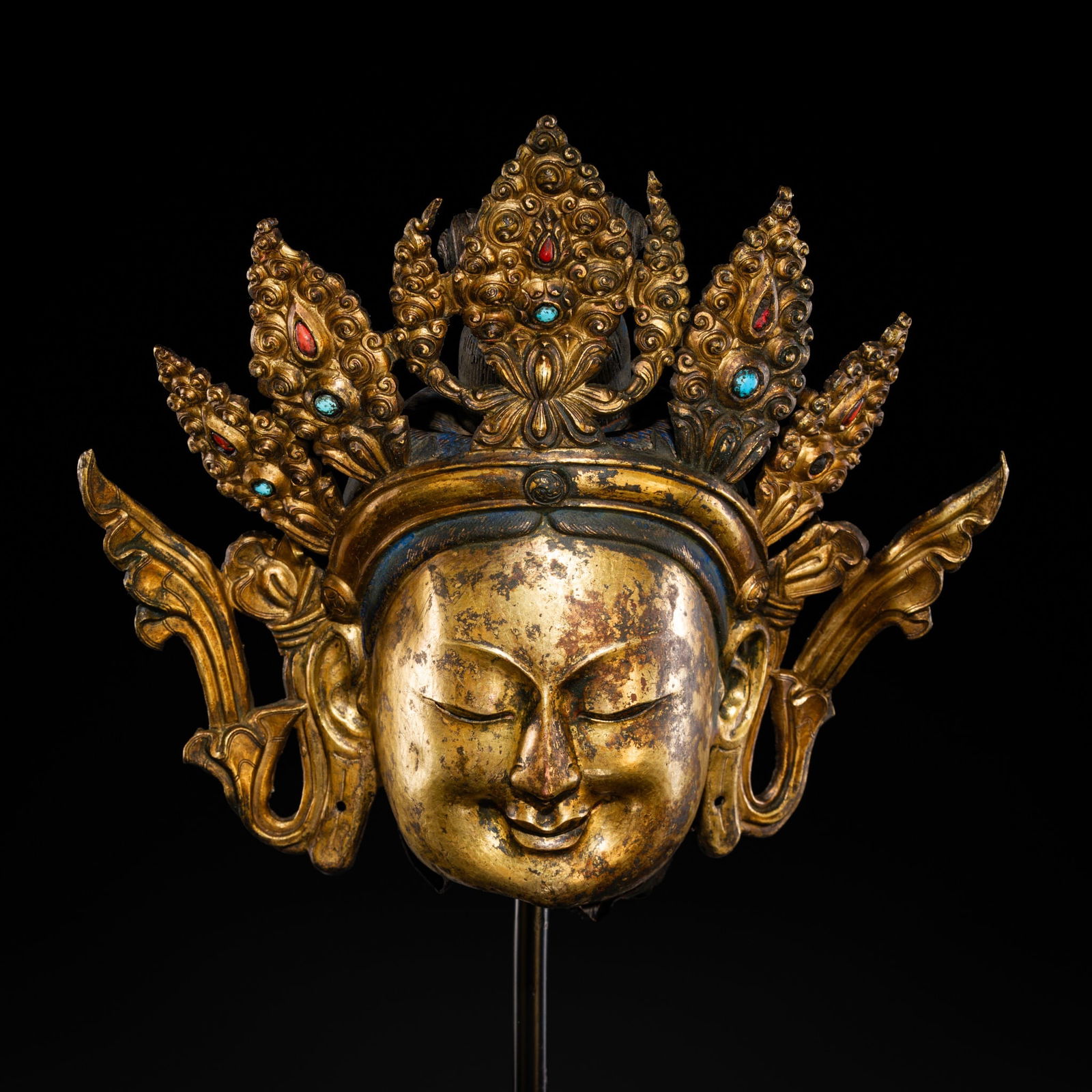 A LARGE GILT COPPER ALLOY REPOUSSÉ HEAD OF SITATAPATRA, DOLONNOR, 18TH CENTURY: A LARGE GILT COPPER ALLOY REPOUSSÉ HEAD OF SITATAPATRA, DOLONNOR, 18TH CENTURY Expert's note: The remarkable scale of this head indicates that it once belonged to an impressive standing figure, m