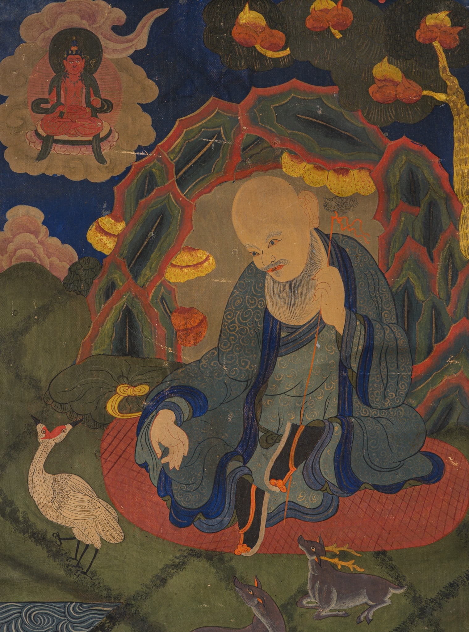 AN EXTREMELY RARE THANGKA DEPICTING SHOULAO AND AMITAYUS, 18TH-19TH CENTURY: AN EXTREMELY RARE THANGKA DEPICTING SHOULAO AND AMITAYUS, 18TH-19TH CENTURY Tibetan-Chinese. Gold and distemper on cloth. Mounted in a traditional cloth and silk hanging.The Daoist God of Longevity se