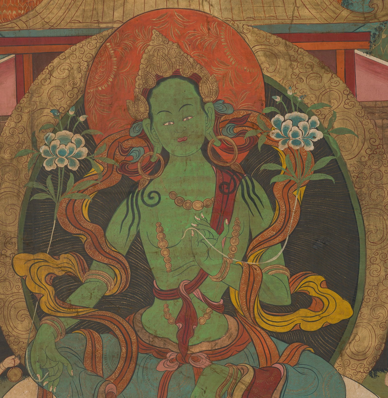 A LARGE (166 x 127 CM) THANGKA DEPICTING THE GREEN TARA OF THE SANDALWOOD FOREST, HIMALAYAN REGION, (1 of 14)
