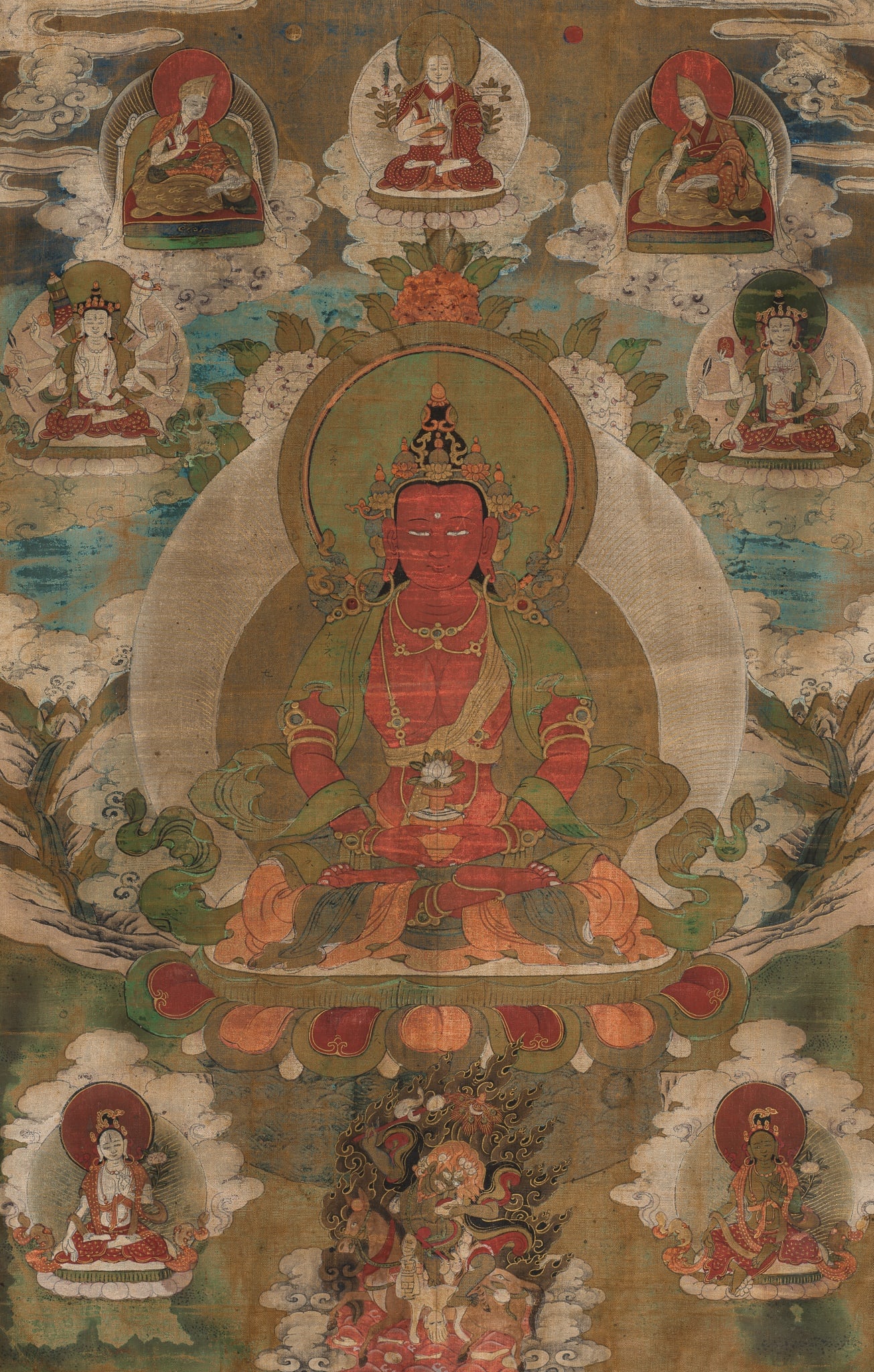 A THANGKA DEPICTING AMITAYUS, THE RED BUDDHA OF LONGEVITY, HIMALAYAN REGION, 18TH-19TH CENTURY (1 of 13)