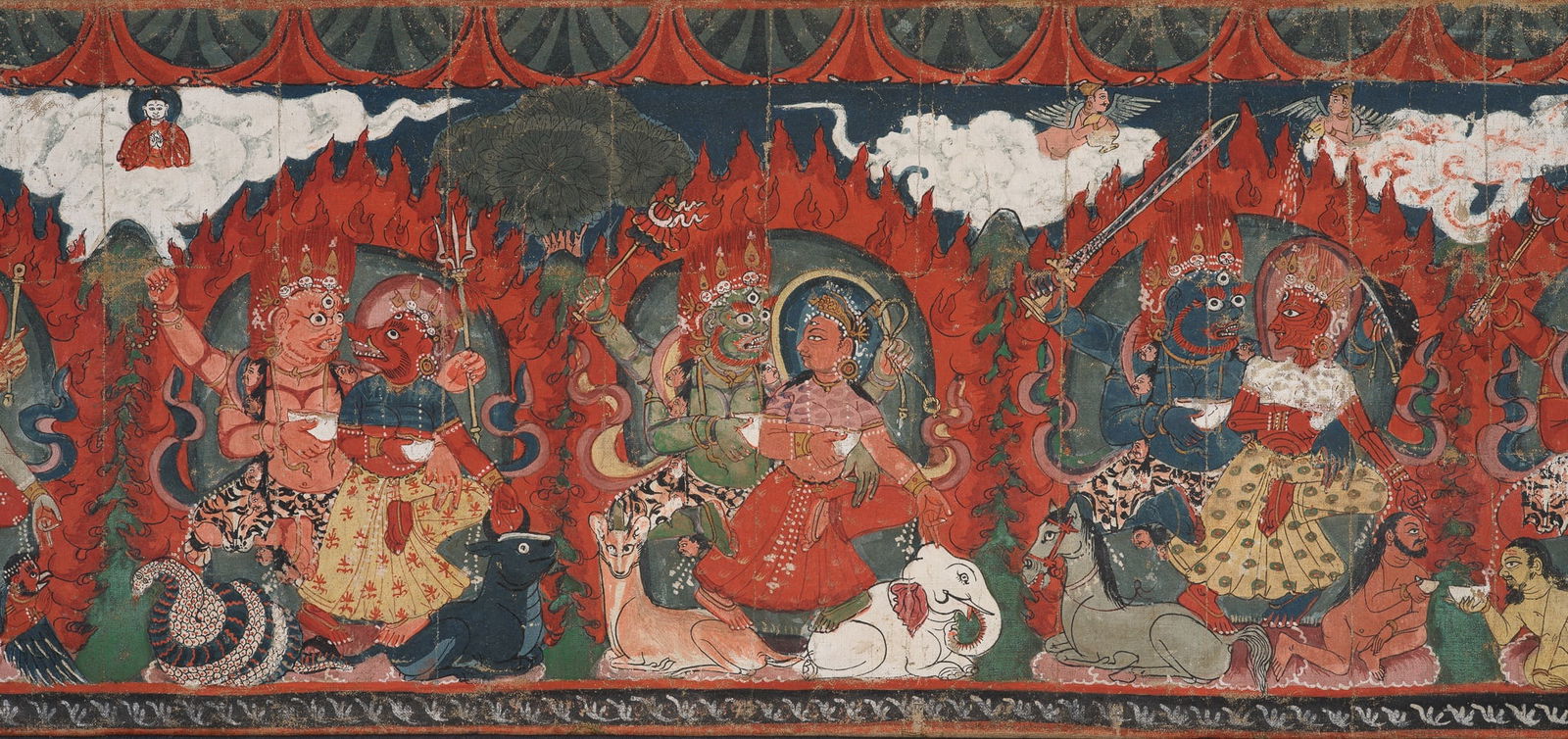 A LARGE AND RARE PAINTING OF THE EIGHT MATRIKAS, NEPAL, KATHMANDU VALLEY, 18TH TO EARLY 19TH CENTURY: A LARGE AND RARE PAINTING OF THE EIGHT MATRIKAS, NEPAL, KATHMANDU VALLEY, 18TH TO EARLY 19TH CENTURY Meticulously painted on cotton, the eight matrikas seated on the laps of their multi-armed wrathful