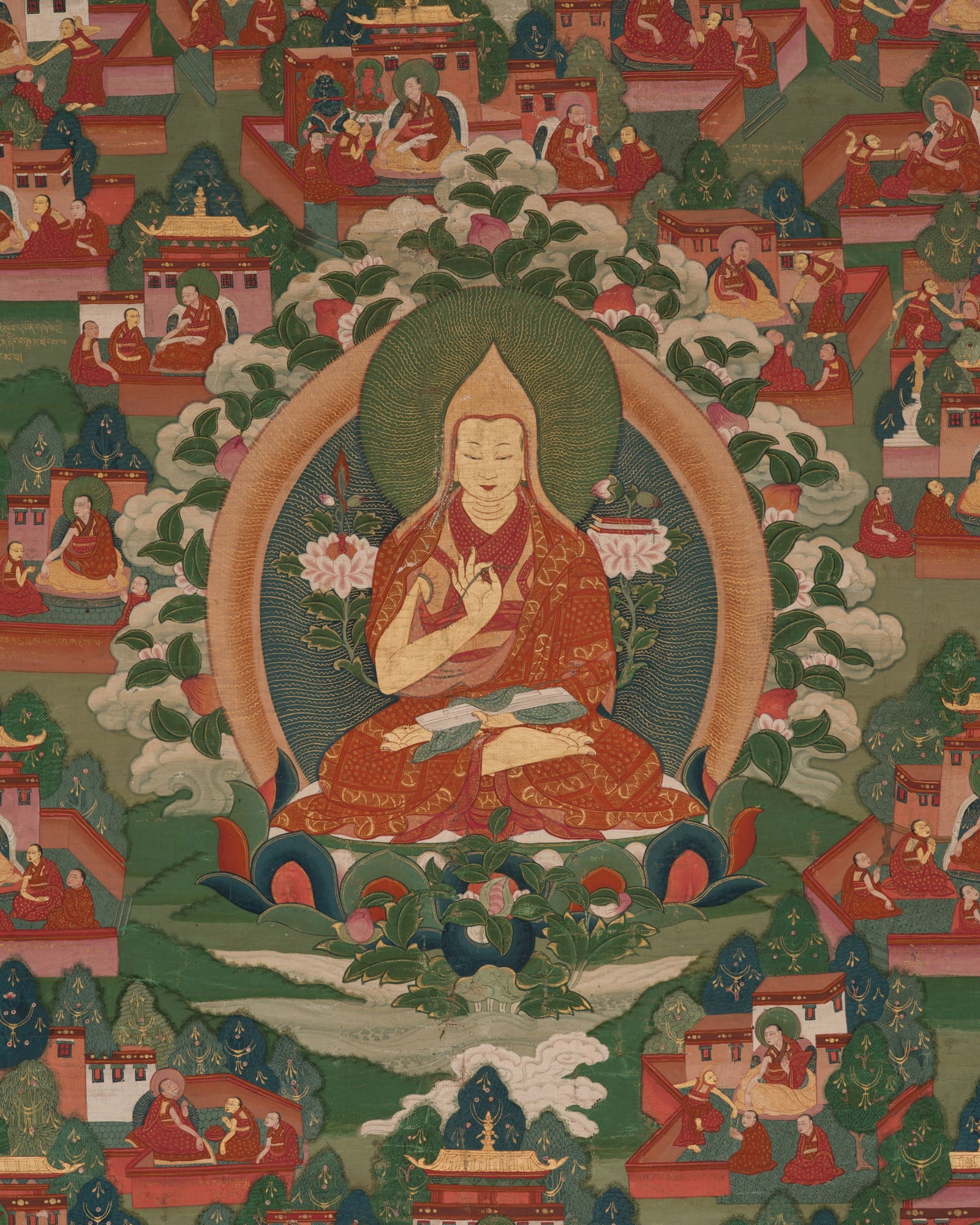 AN INSCRIBED THANGKA WITH TWENTY SCENES FROM THE LIFE OF TSONGKHAPA, 19TH CENTURY (1 of 14)