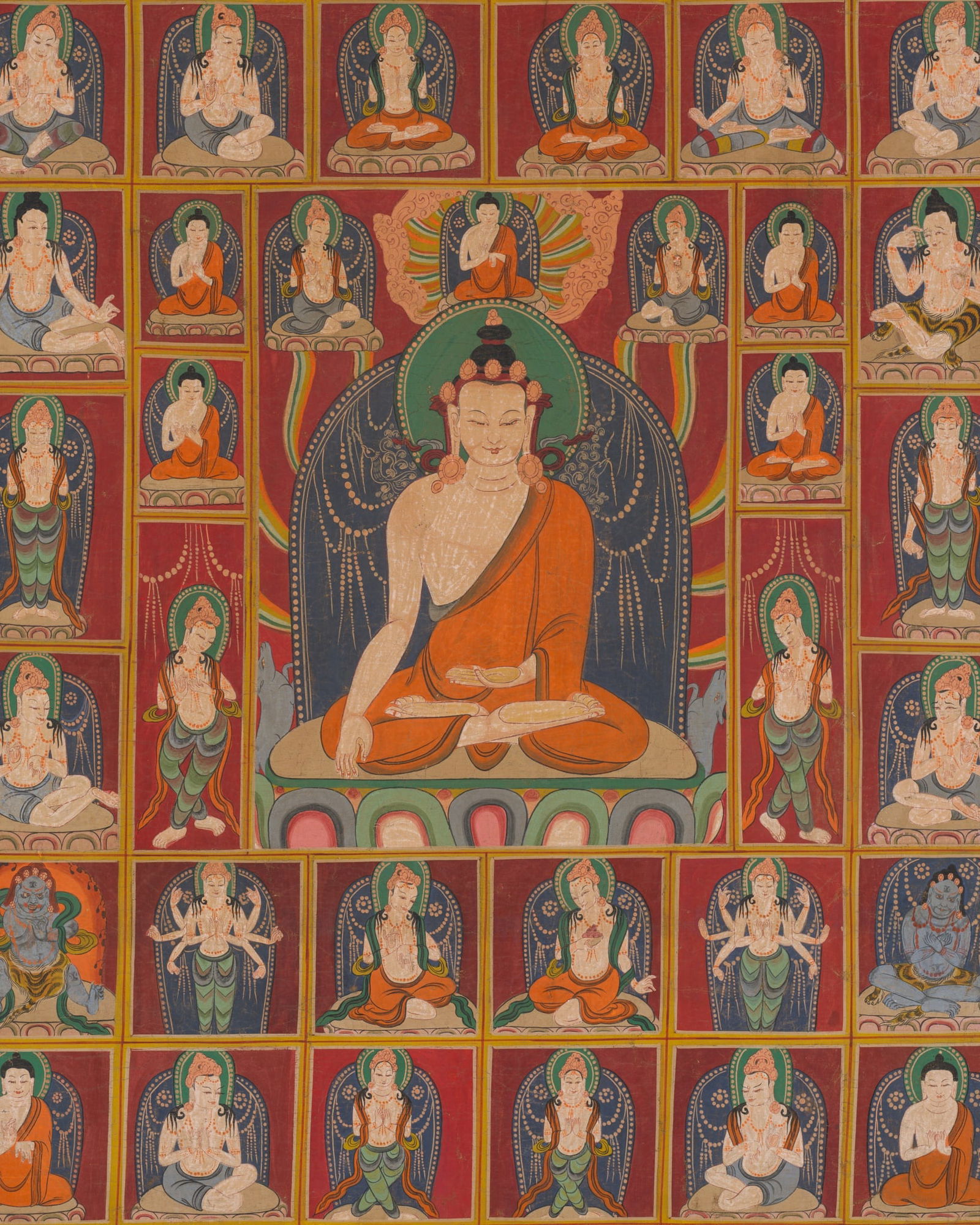 A FINE THANGKA DEPICTING THE CROWNED BUDDHA WITH 45 SURROUNDING FIGURES, HIMALAYAN REGIONS, 19TH TO (1 of 11)