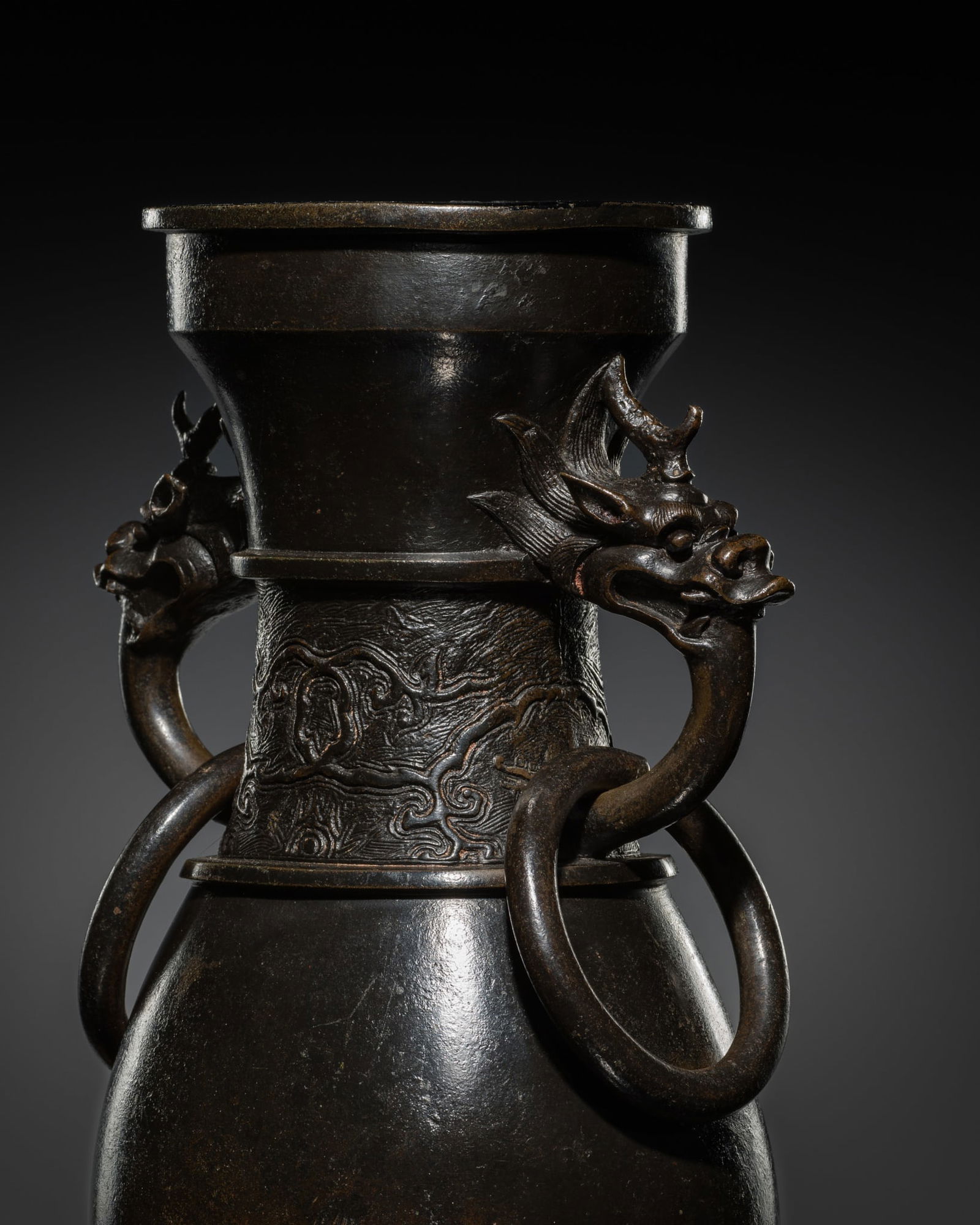 A DRAGON-HANDLED BRONZE VASE, HU, YUAN - EARLY MING DYNASTY (1 of 18)