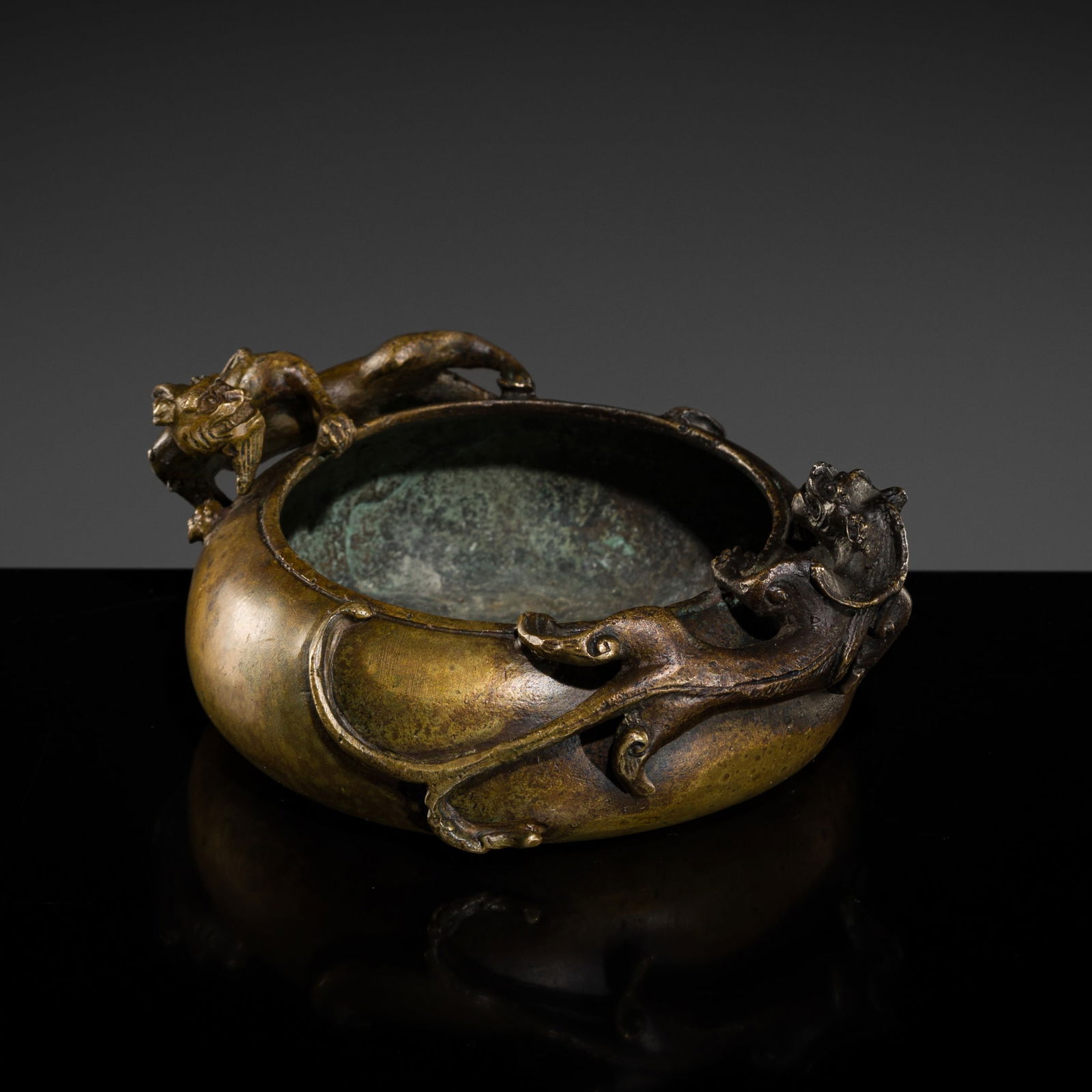 A BRONZE 'TWIN CHILONG' WATER POT, QING DYNASTY (1 of 12)