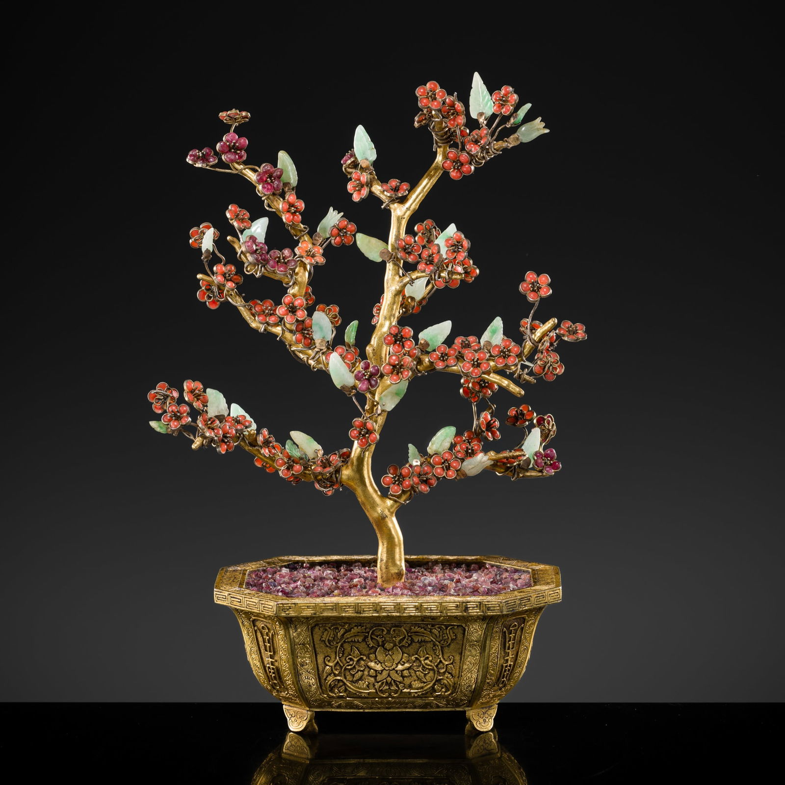 A GEMSTONE-INLAID PRUNUS TREE IN A GILT-BRONZE JARDINIÈRE, 18TH-19TH CENTURY (1 of 17)