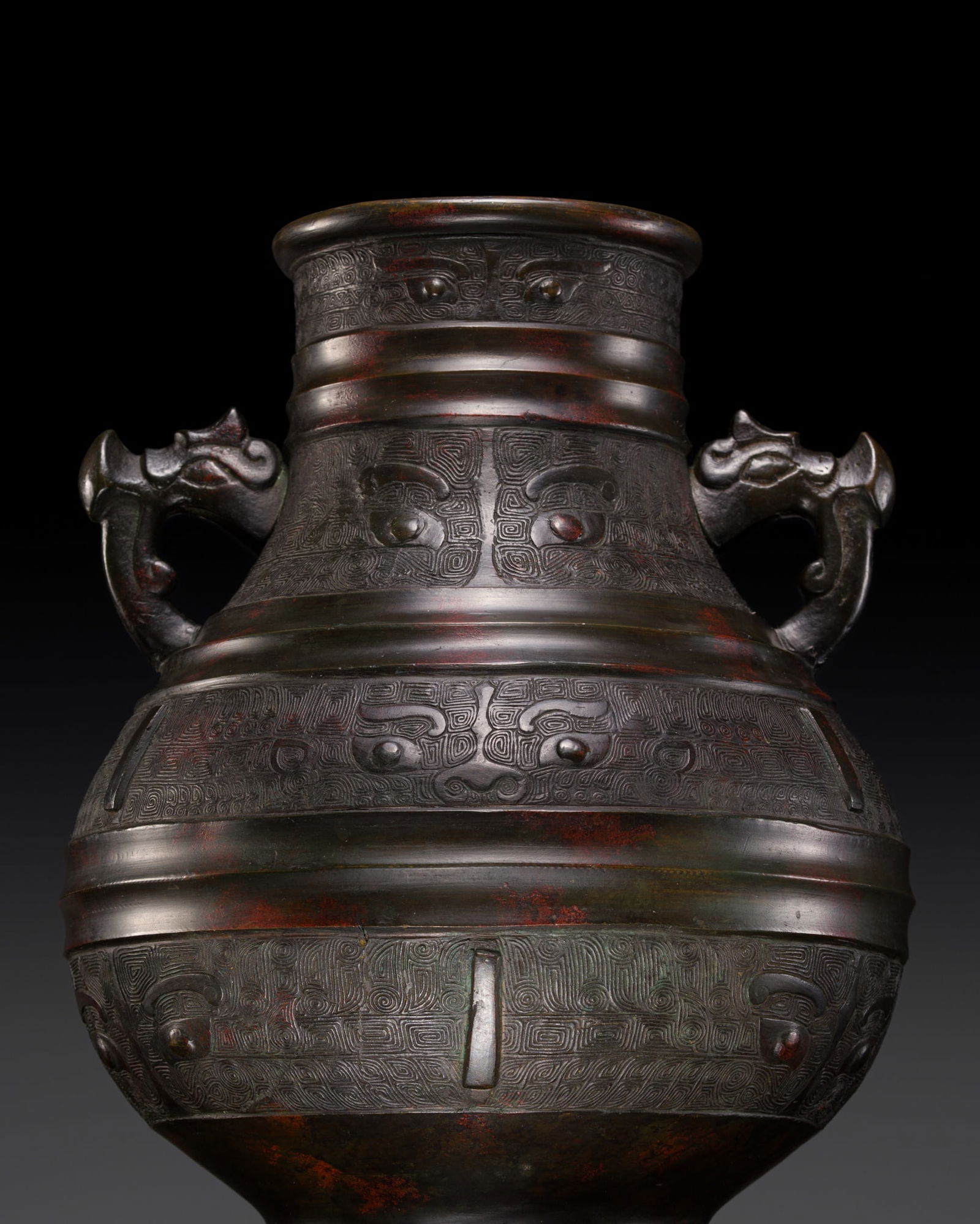 A LARGE ARCHAISTIC BRONZE 'TAOTIE' VASE, HU, QING DYNASTY (1 of 14)