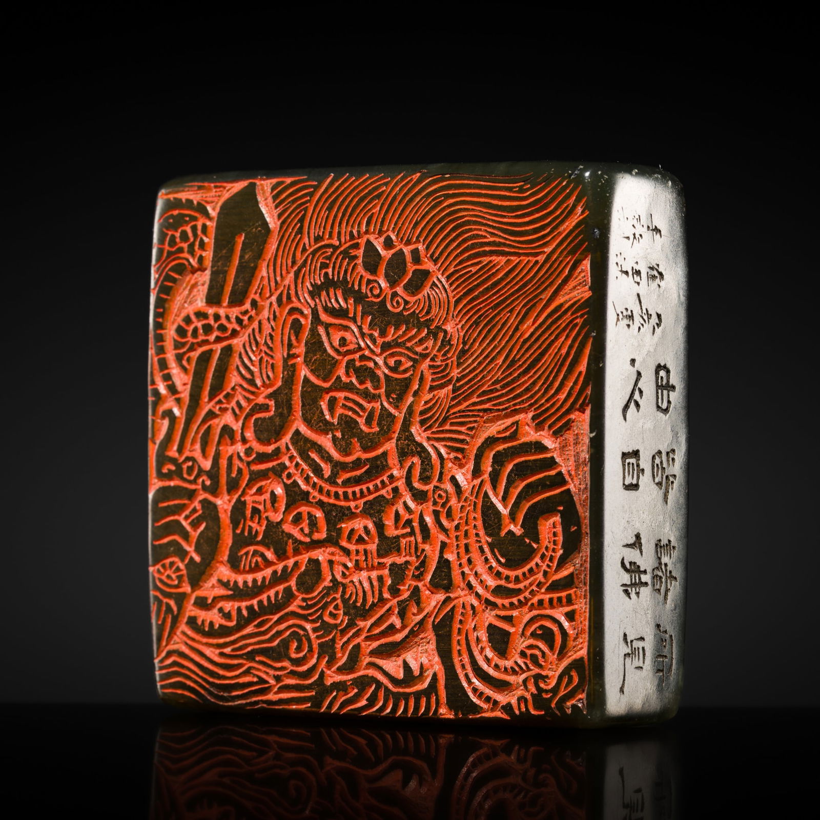 A LARGE SOAPSTONE BUDDHIST SEAL OF ACALA, PROTECTOR OF THE DHARMA, QING DYNASTY, DATED 1863 (1 of 9)