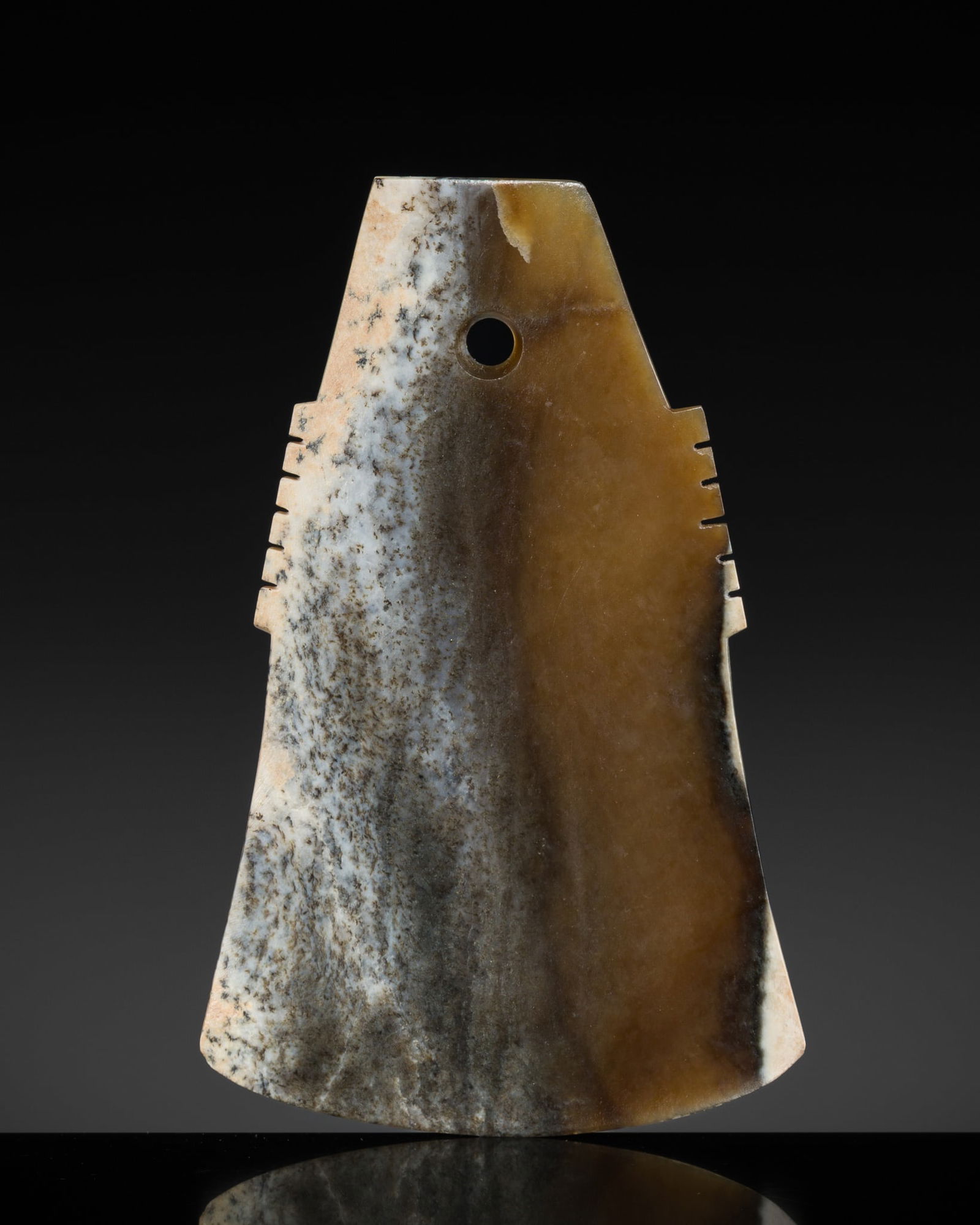 A RARE BROWN JADE CEREMONIAL AXE, XIA DYNASTY (1 of 15)