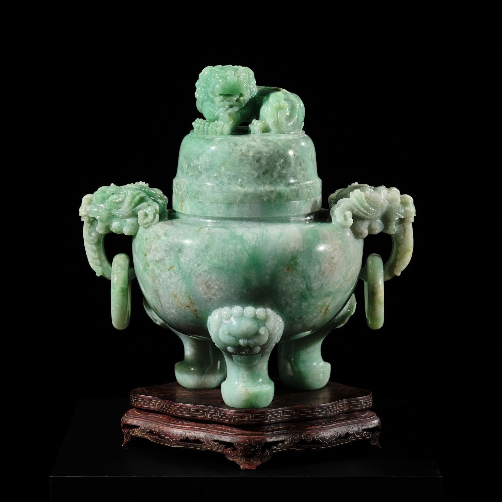 AN APPLE-GREEN JADEITE TRIPOD CENSER AND COVER, LATE QING DYNASTY (1 of 16)